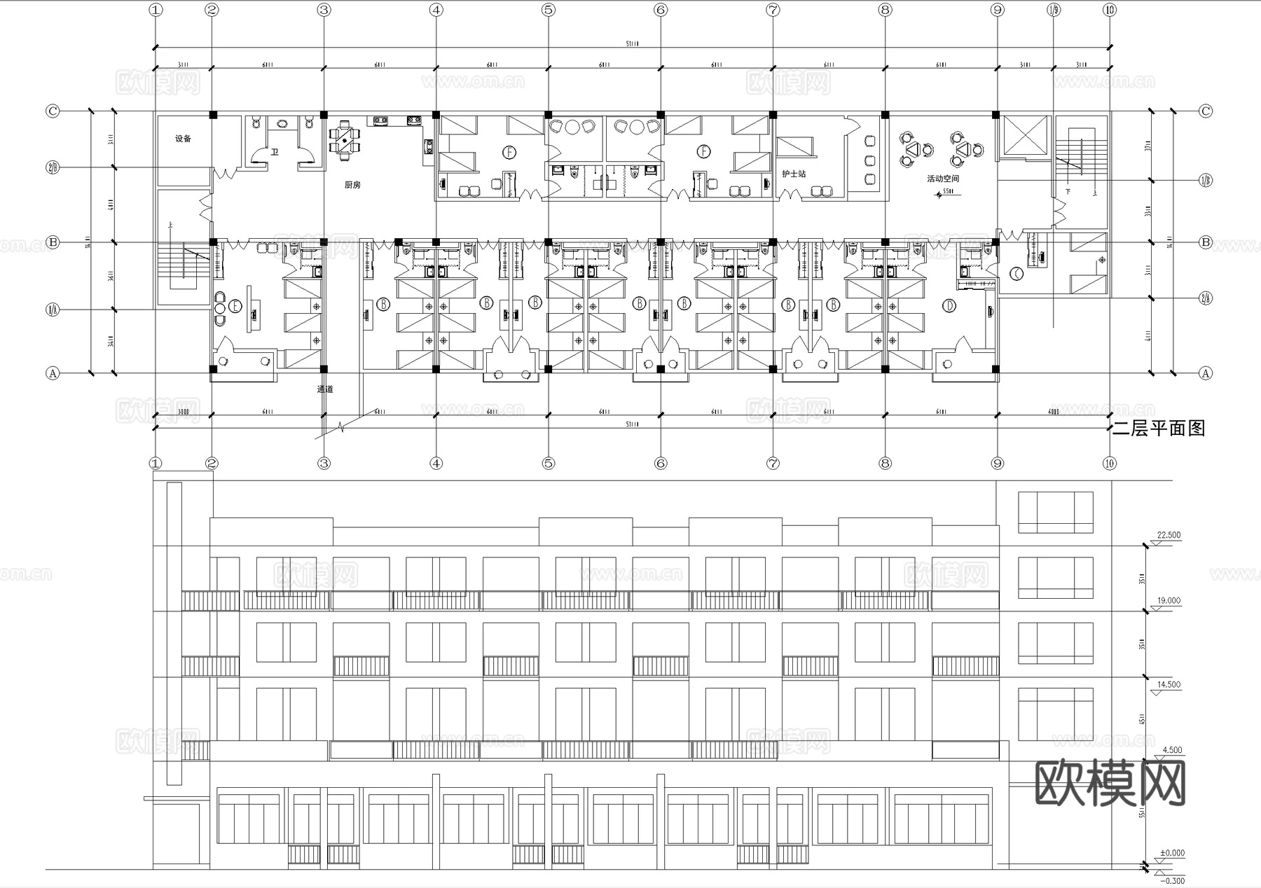 四层敬老院养老院建筑 老年服务中心 建筑平立面图 规划总平面cad施工图