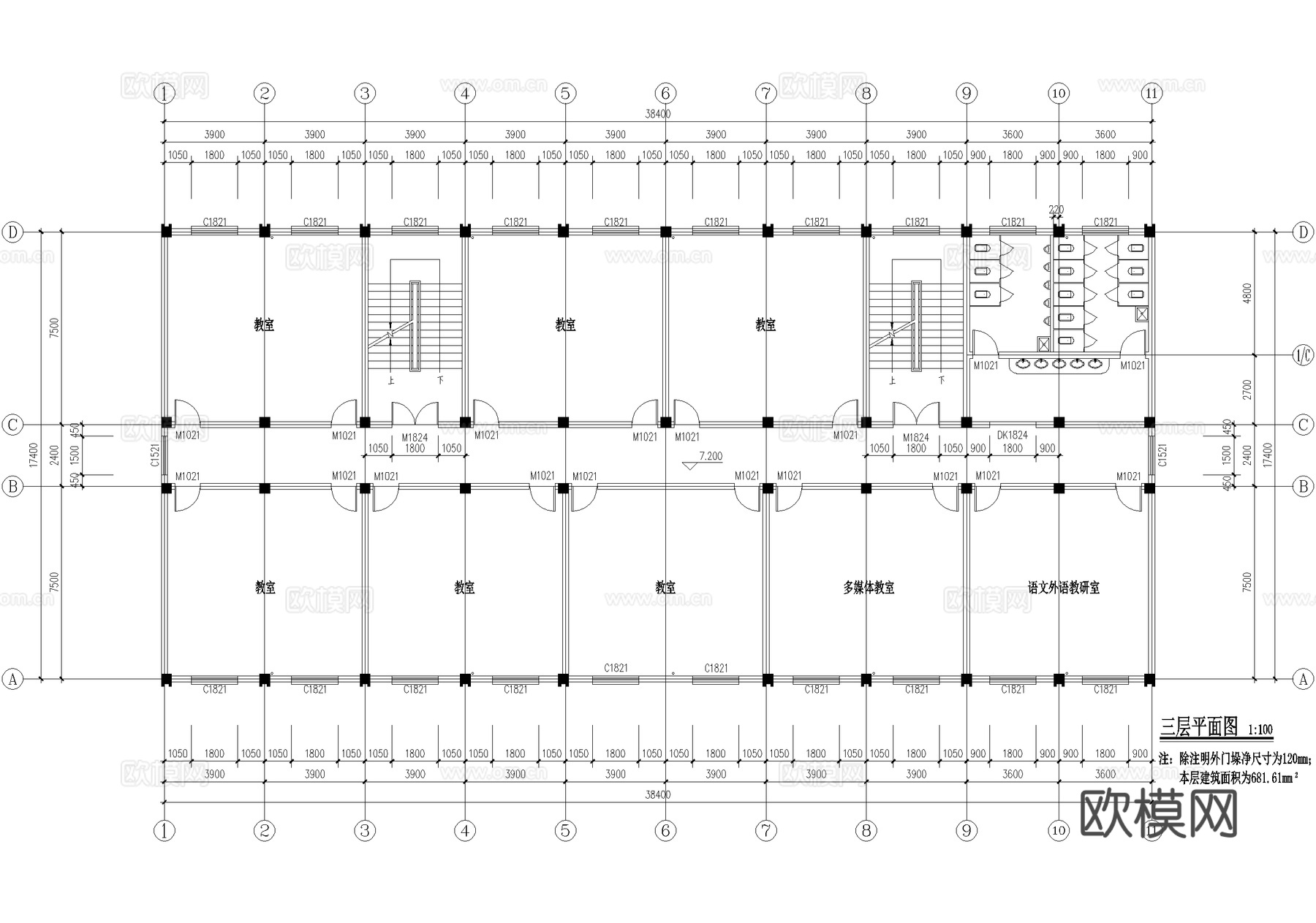 四层中学教学楼学校建筑cad施工图