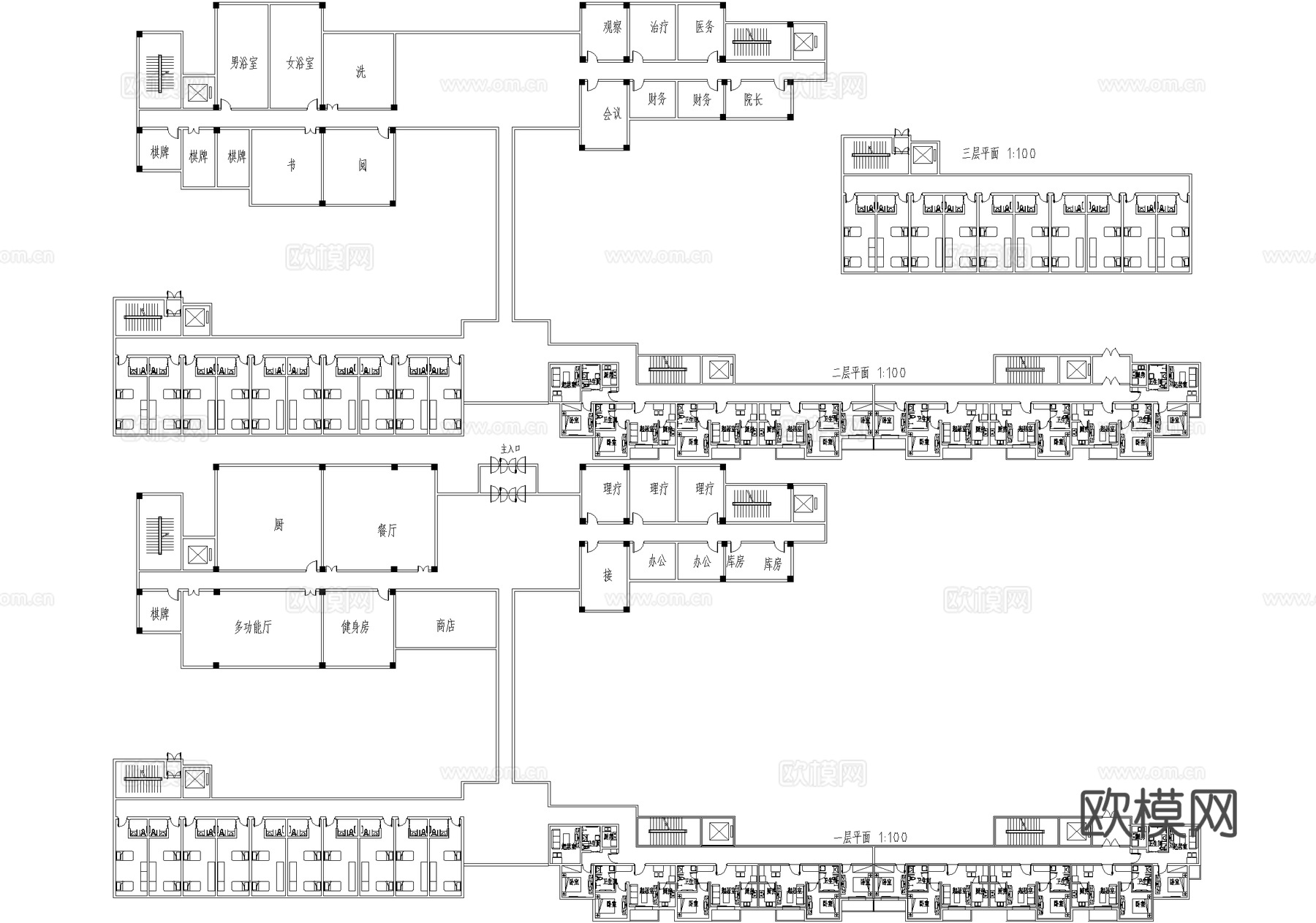 三层养老院敬老院建筑平面图cad施工图
