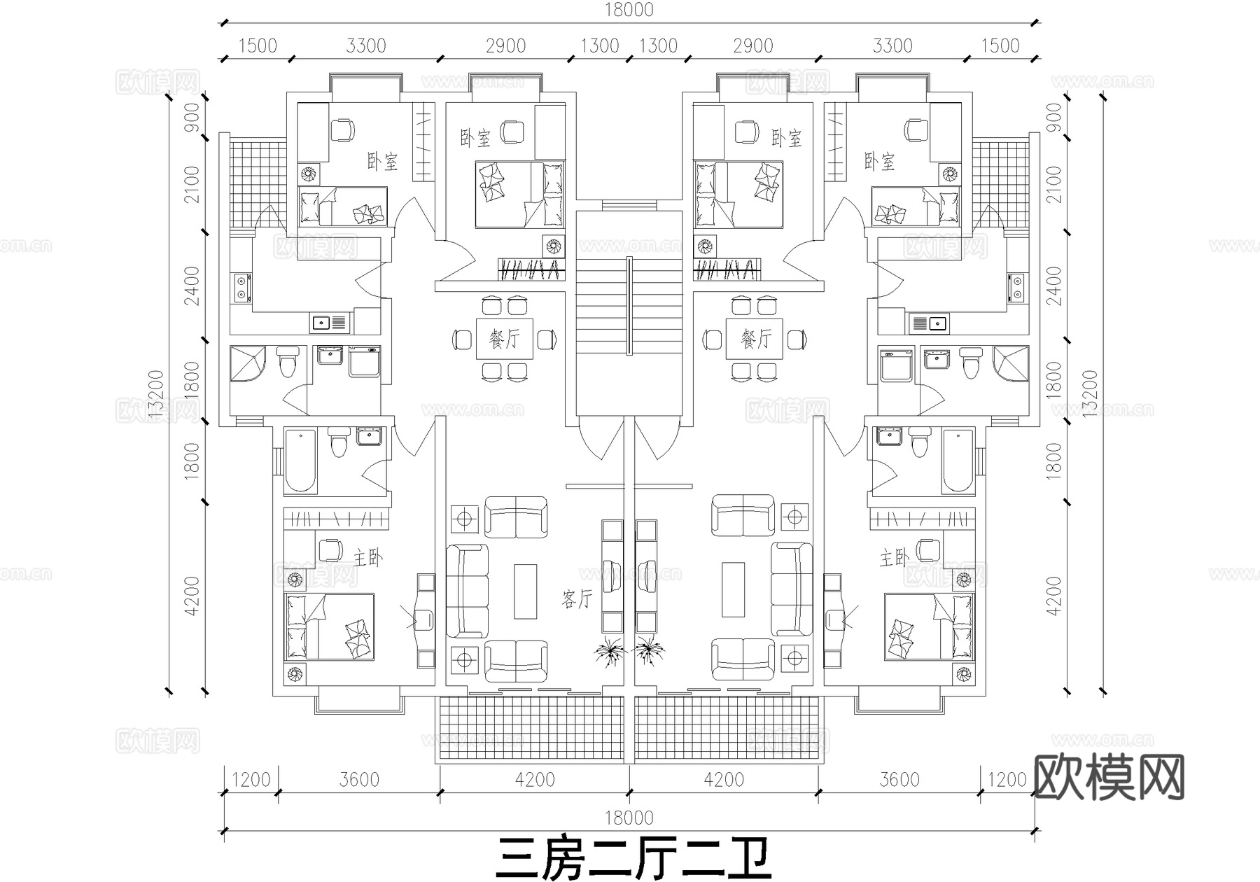 平层户型图 三室两厅两卫 一梯两户 建筑平面图cad施工图