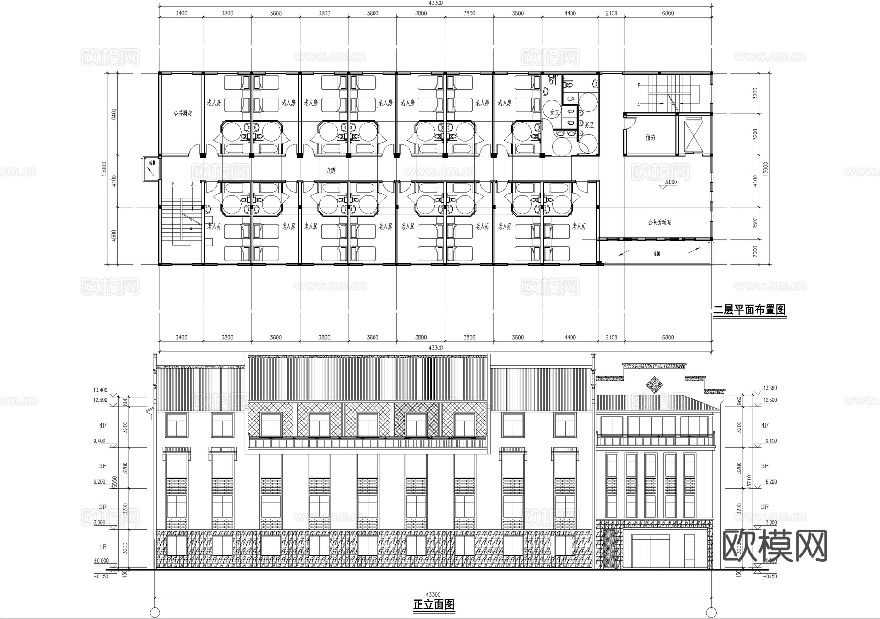 四层养老院敬老院建筑 老年服务中心综合办公楼cad施工图