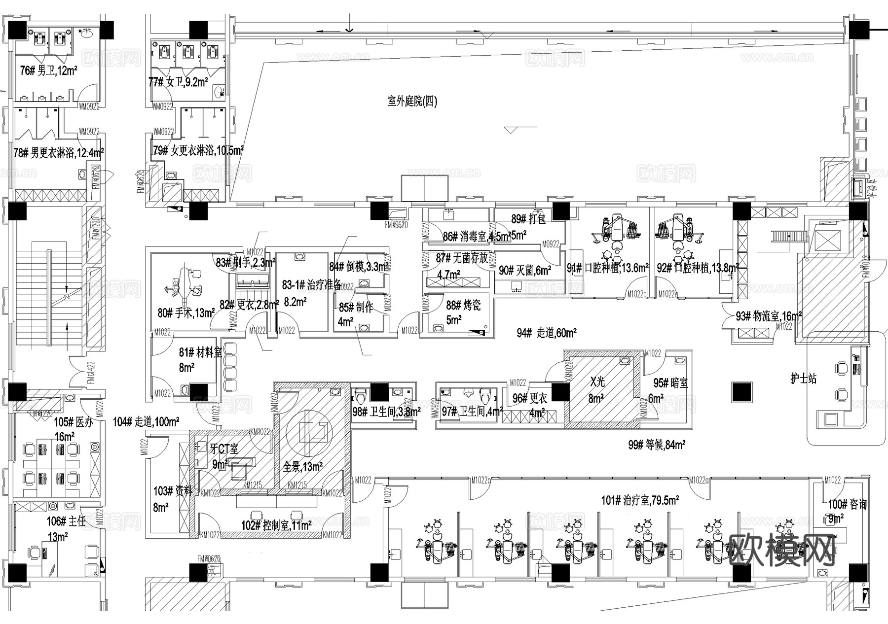 医院门诊医技楼三层 耳鼻喉科口腔牙科 平面图cad施工图