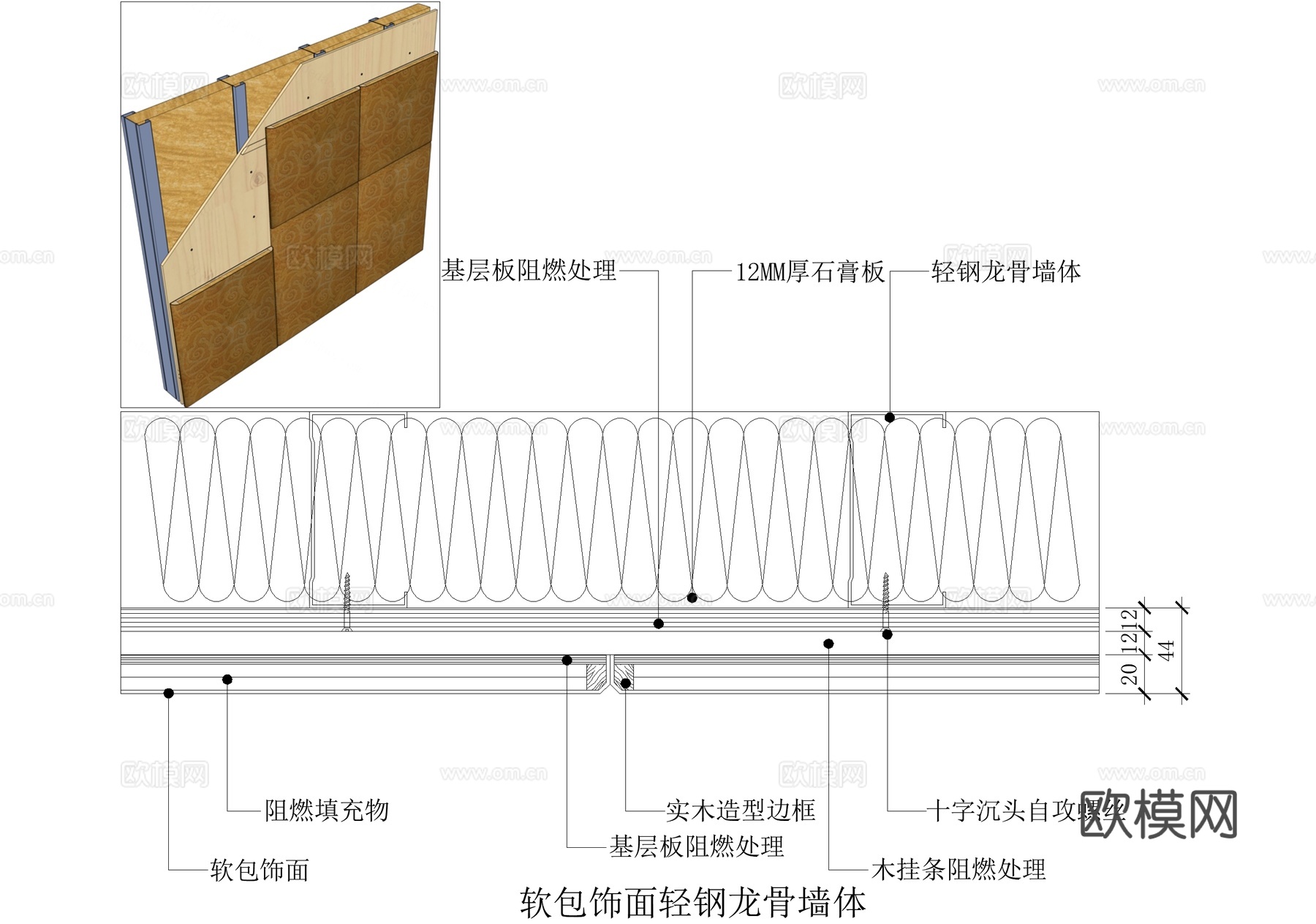 轻钢龙骨隔墙 软包饰面墙面节点cad施工图