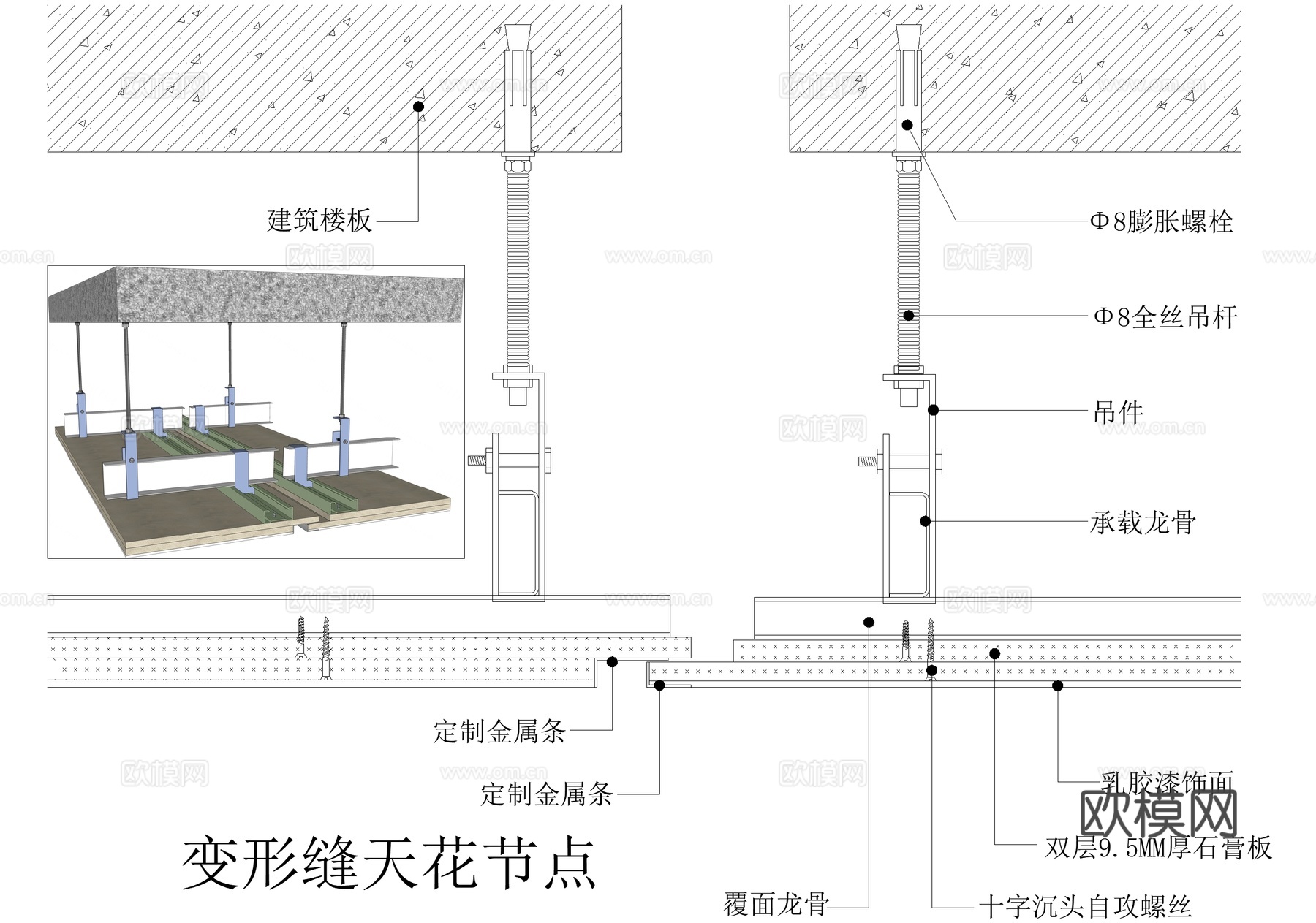 石膏板吊顶 天花变形缝节点cad施工图
