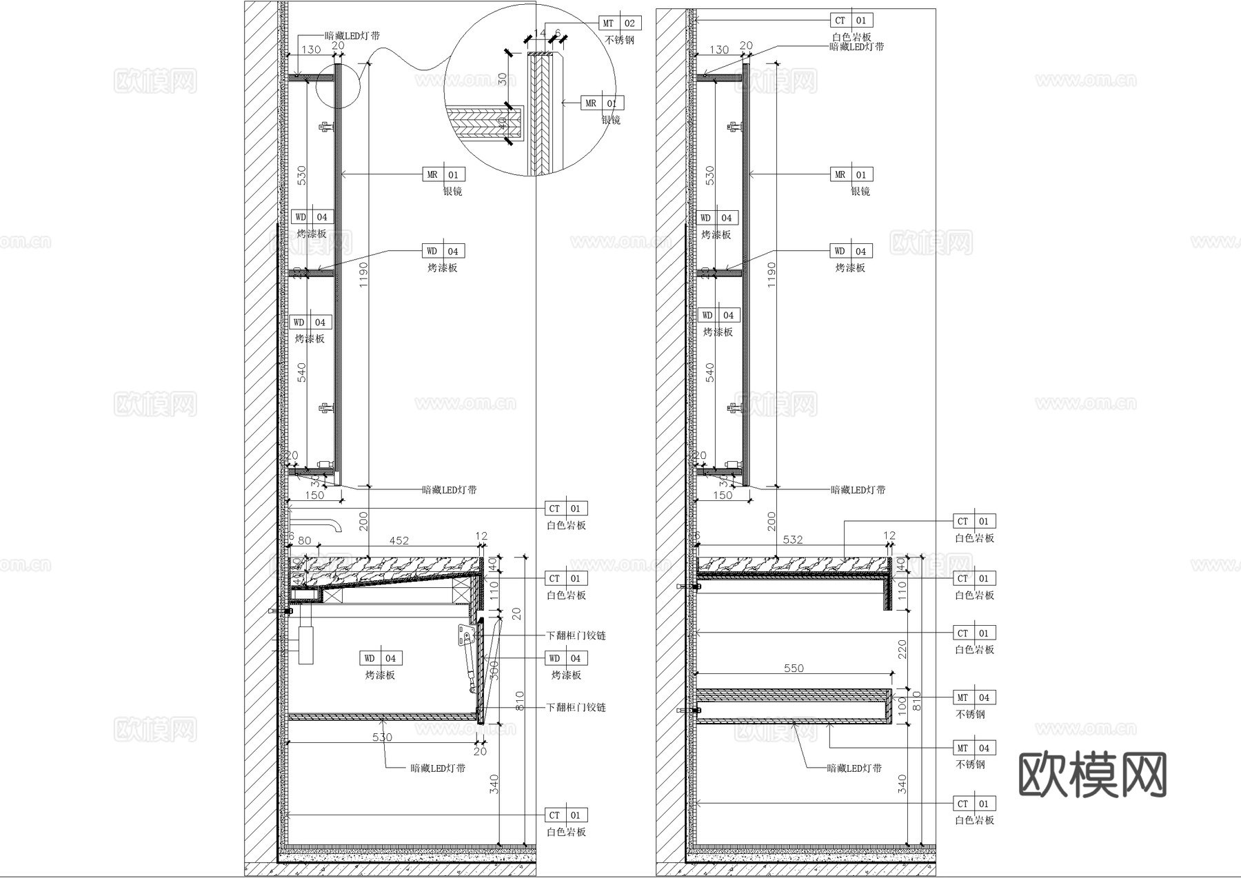 洗手台节点 剖面图 洗手池洗手盆 洁柜镜子cad施工图