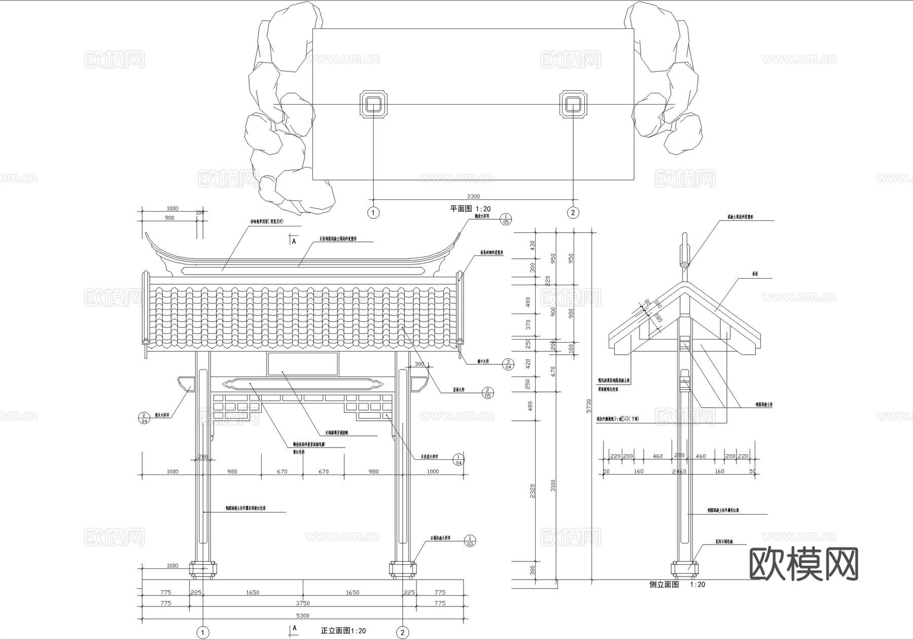 中式门头 垂花门仿古建筑 门楼 庭院入口大门 入户门cad施工图
