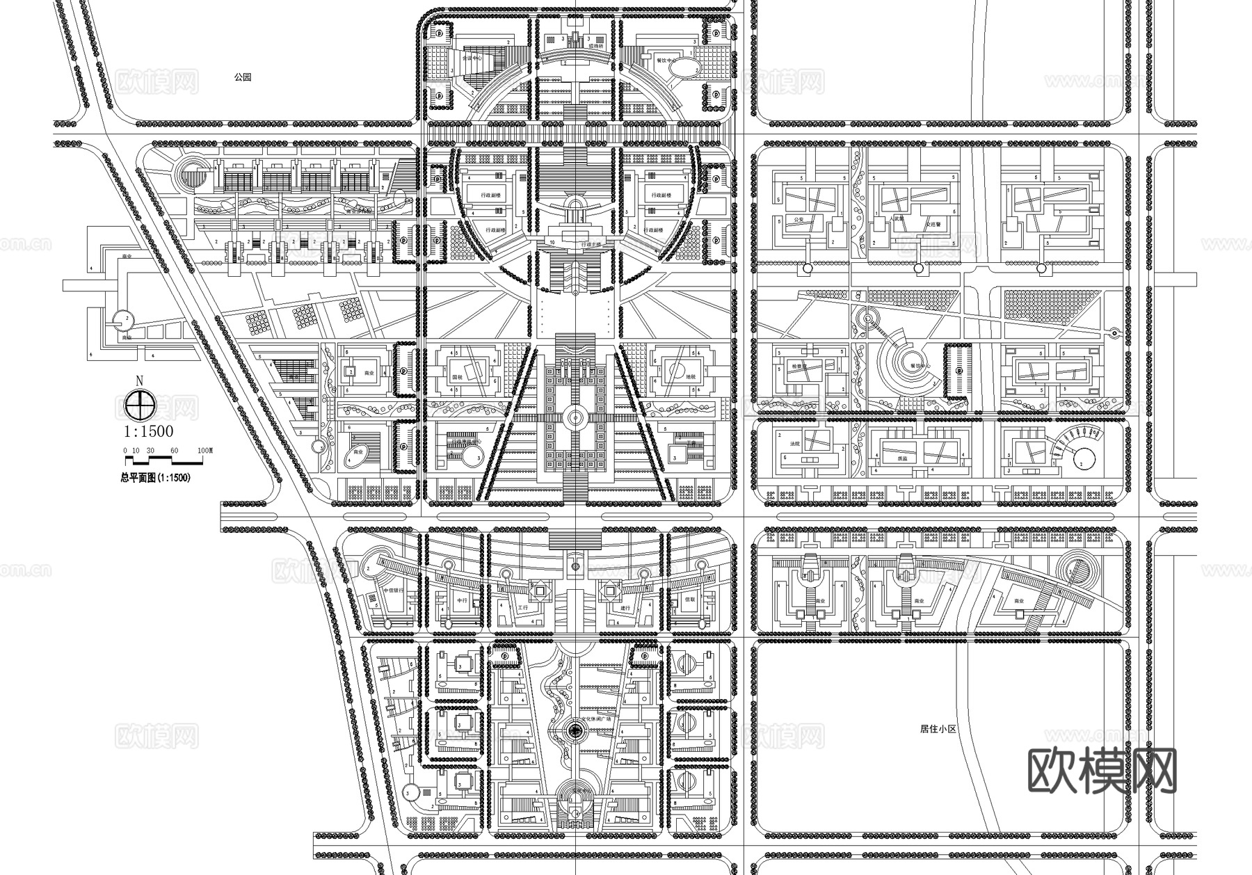 市区行政中心城市规划总平面图cad施工图