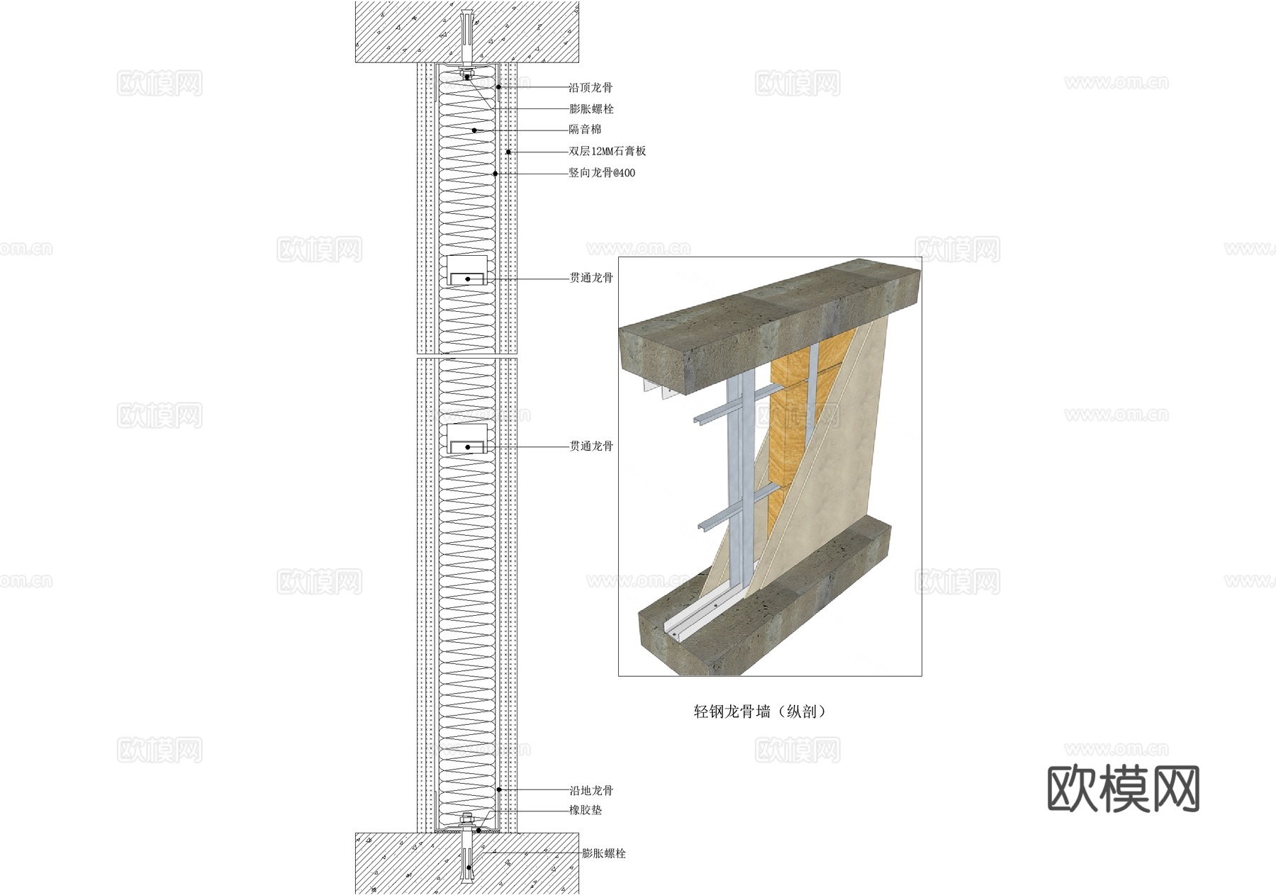 轻钢龙骨隔墙纵剖面图cad施工图