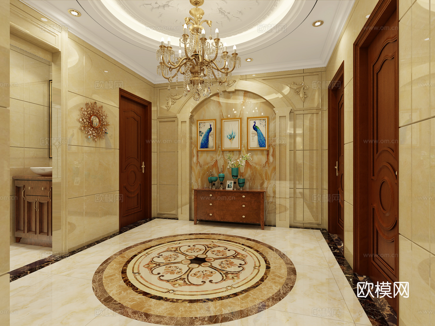 欧式玄关 吊灯 装饰画 边柜 挂件墙饰 地砖拼花3d模型