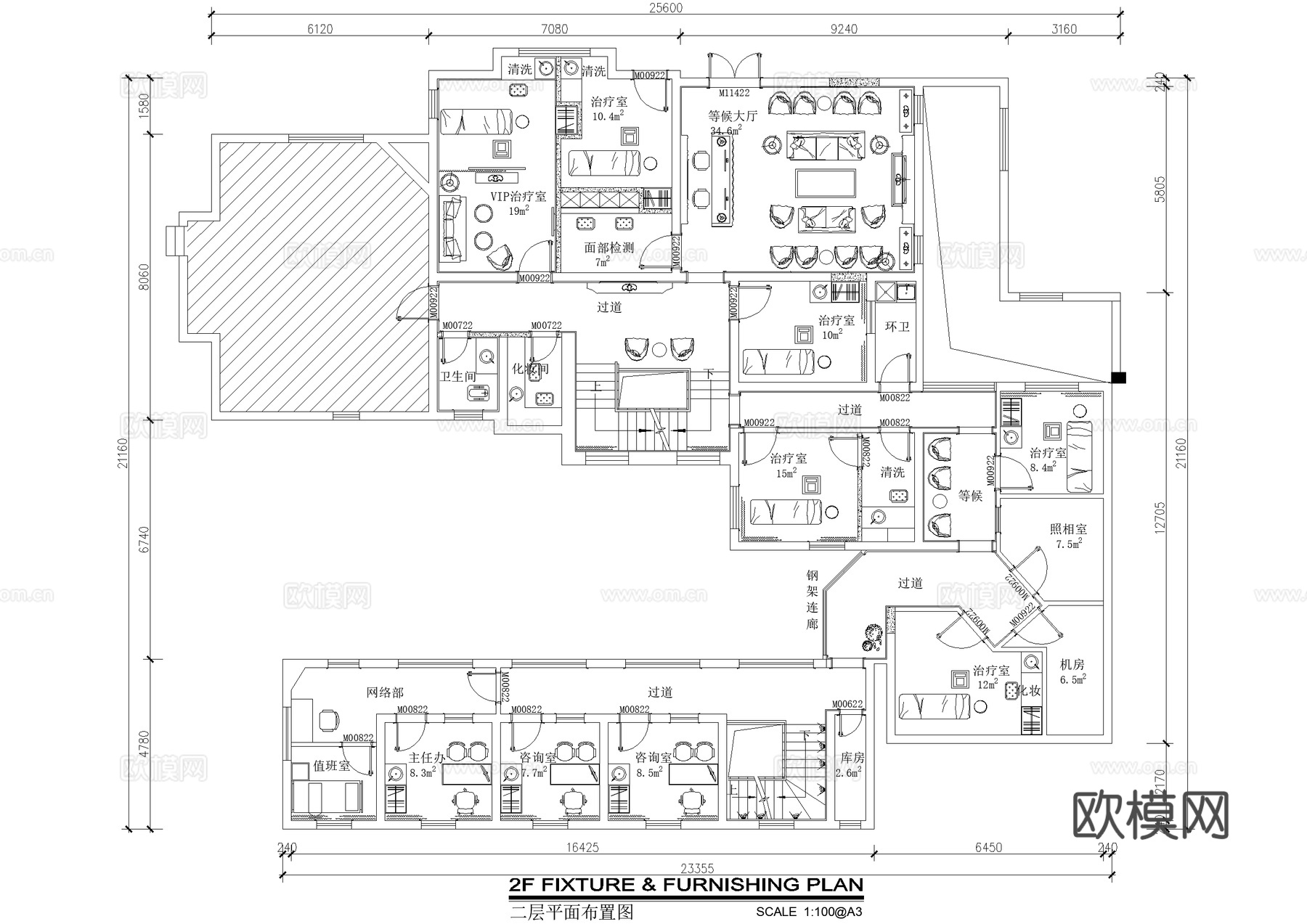 三层皮肤病医院平面系统图 天花灯具地面材质 墙体尺寸墙面材质cad施工图