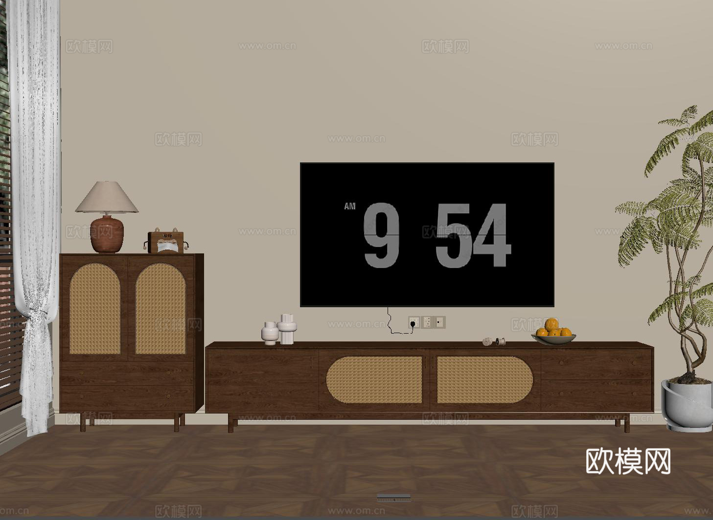 中古风电视柜 边柜 藤编电视柜 盆栽su模型