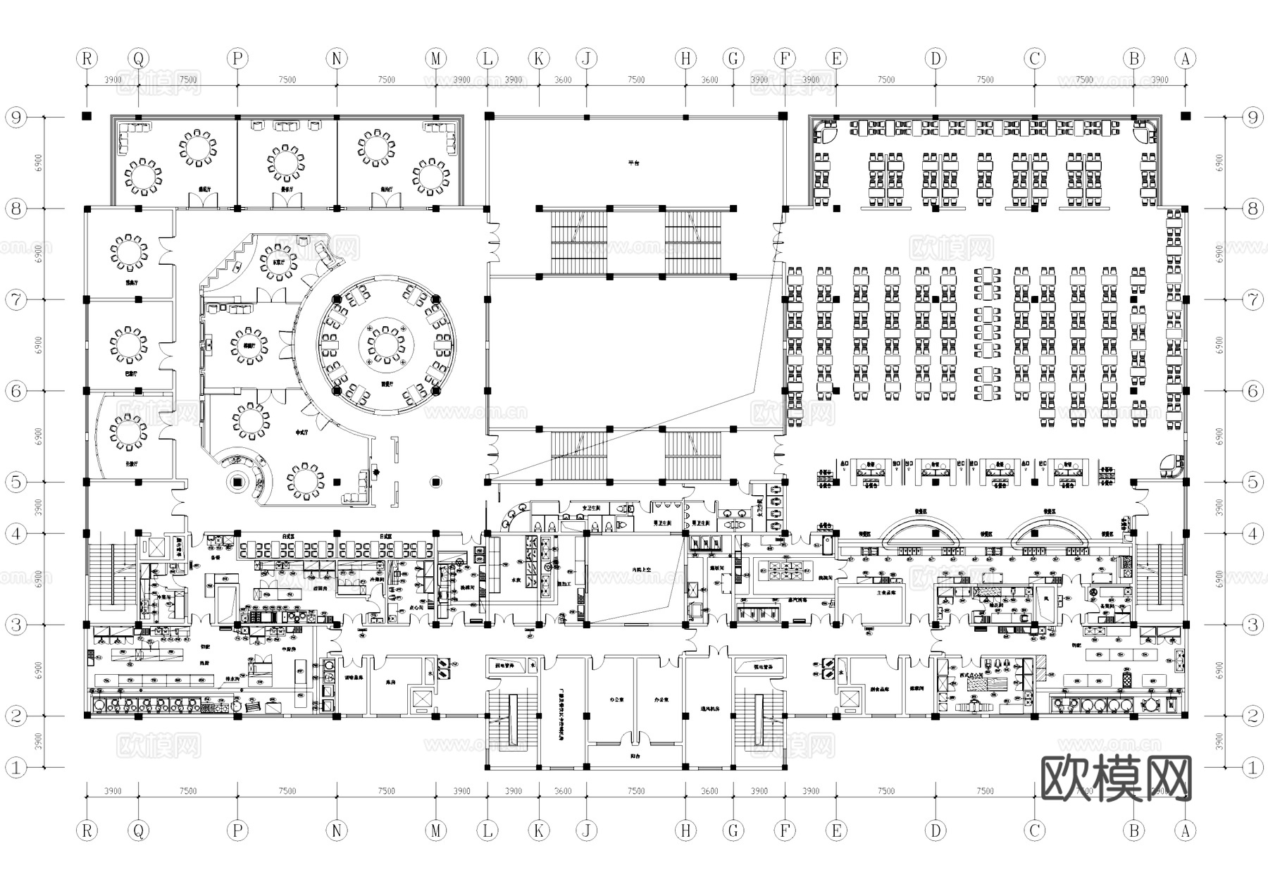 上海外国语大学食堂三层室内装饰CAD施工图集cad施工图