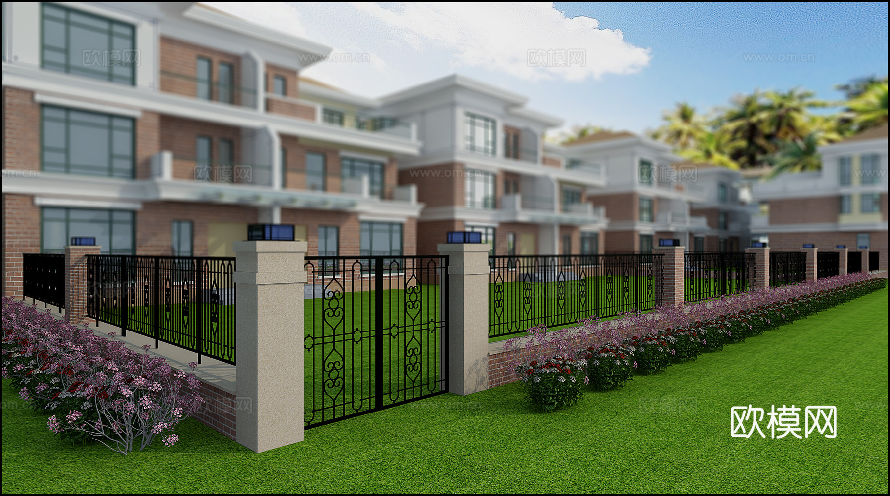 其他混搭多层住宅 栏杆 草坪 花圃3d模型下载（渲染图1）
