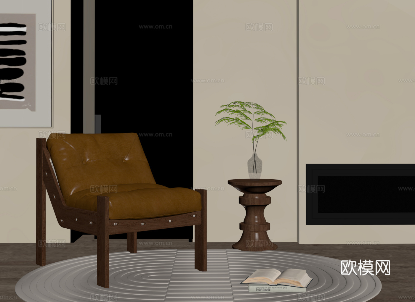 中古休闲椅 木质单人沙发 皮质沙发椅su模型