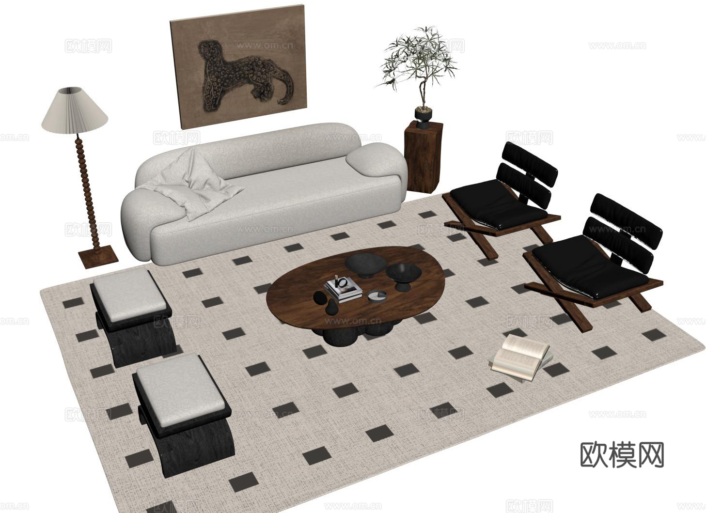 中古沙发茶几组合 三人沙发 休闲椅 凳子 茶几su模型