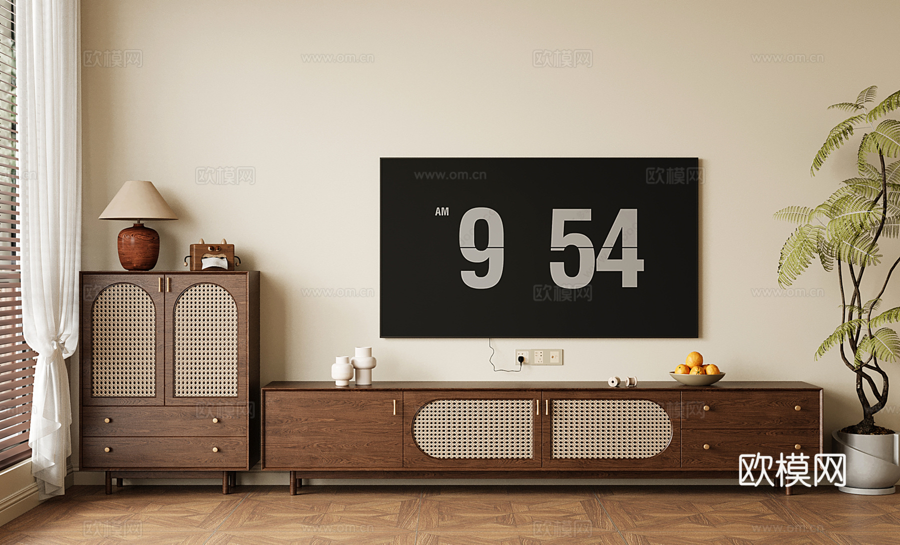 中古风电视柜 边柜 藤编电视柜 盆栽su模型