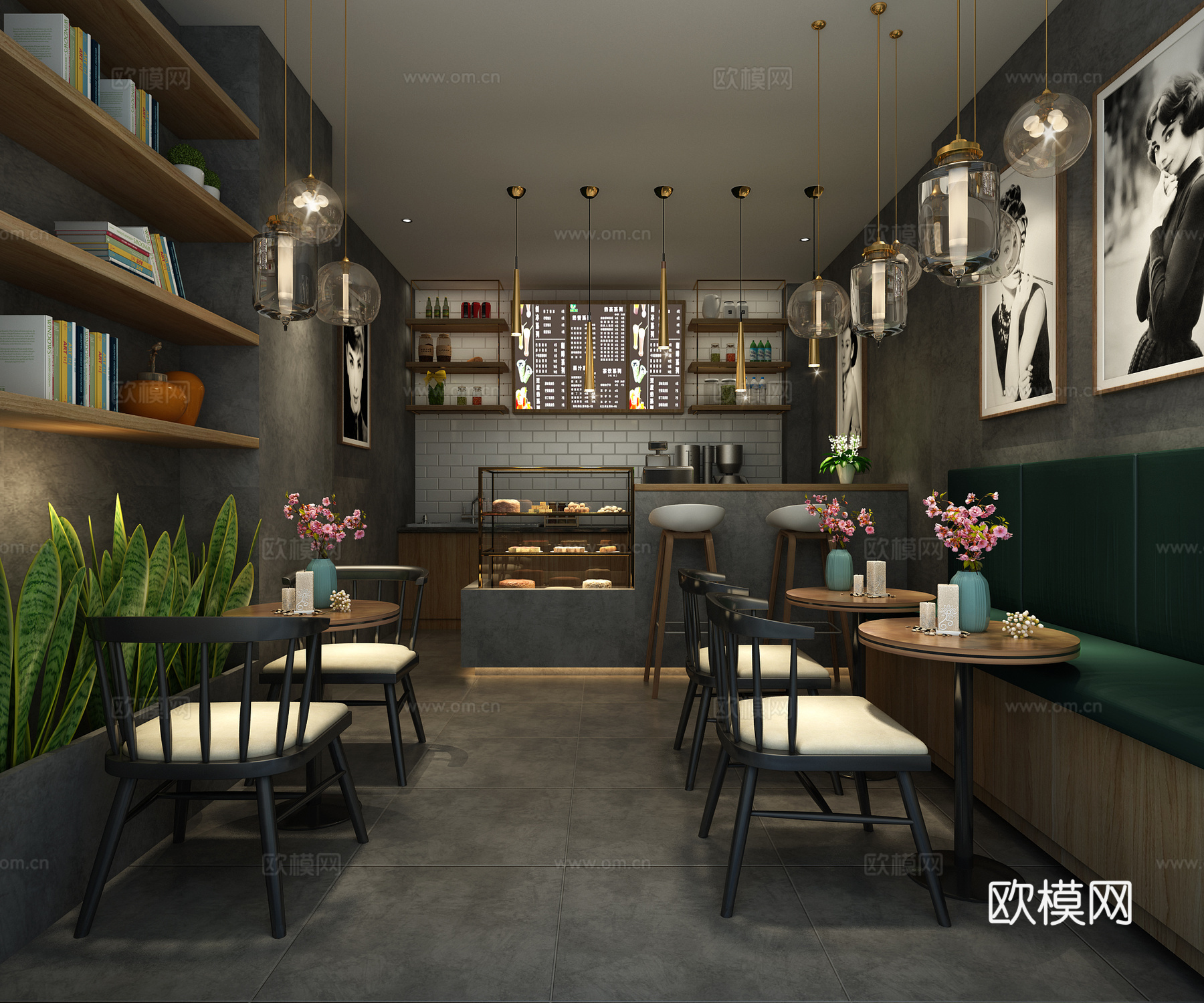 现代植物墙 奶茶店 展示柜 玻璃灯 小圆桌 椅子 虎皮兰3d模型3d模型下载（渲染图2）