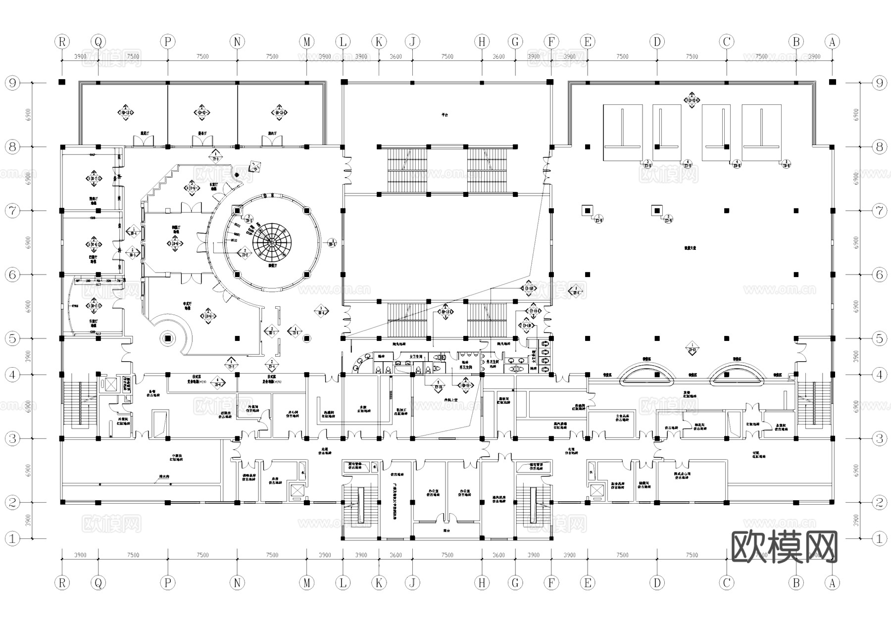 上海外国语大学食堂三层室内装饰CAD施工图集cad施工图