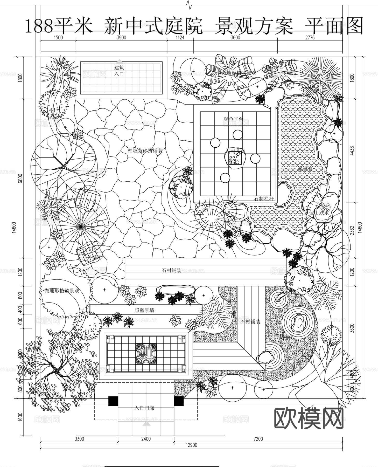 新中式现代别墅庭院景观平面图cad施工图下载