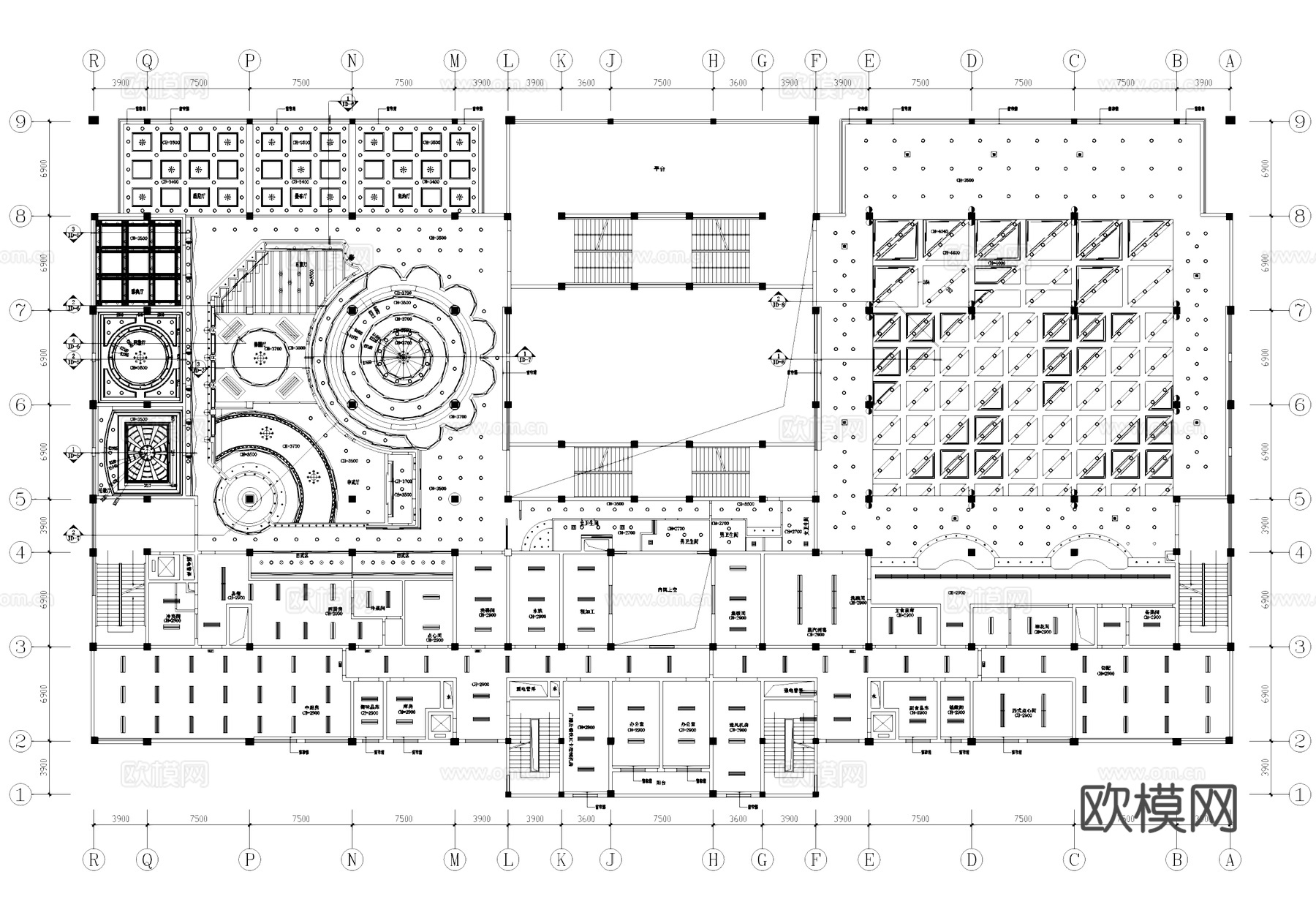 上海外国语大学食堂三层室内装饰CAD施工图集cad施工图