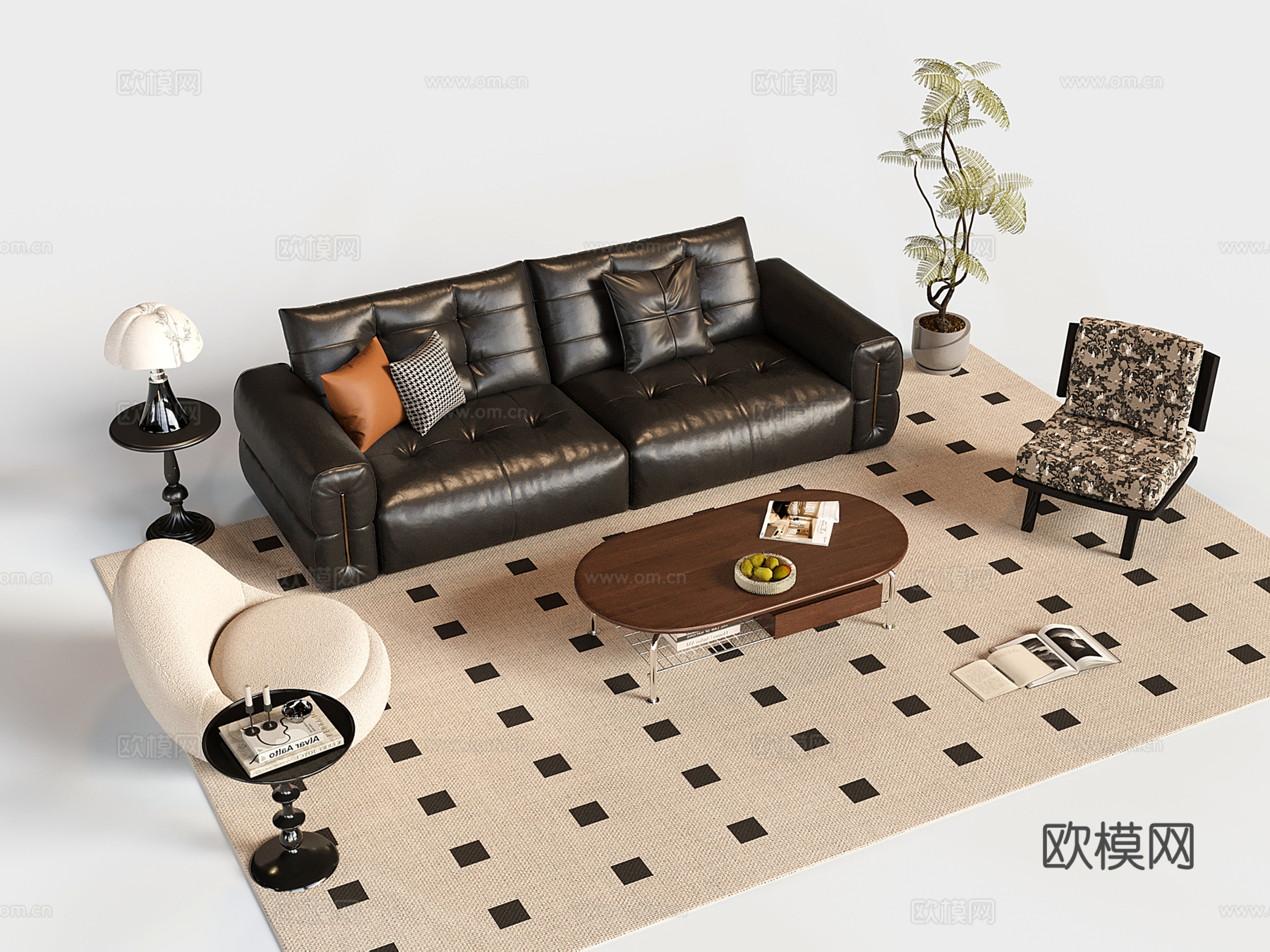 法式复古沙发茶几组合 皮质三人沙发 休闲椅 茶几 单人沙发su模型