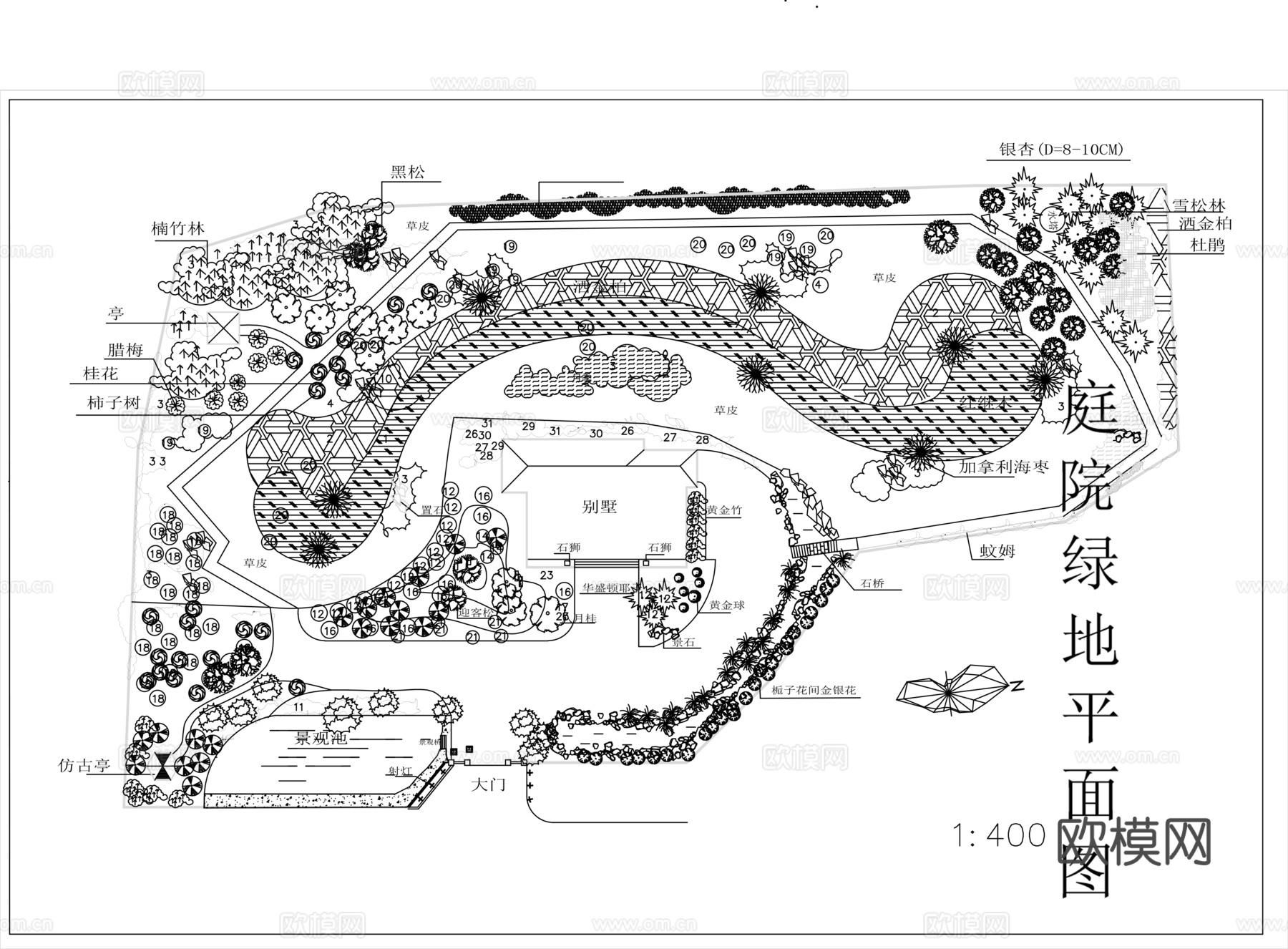 别墅庭院花园景观设计cad施工图