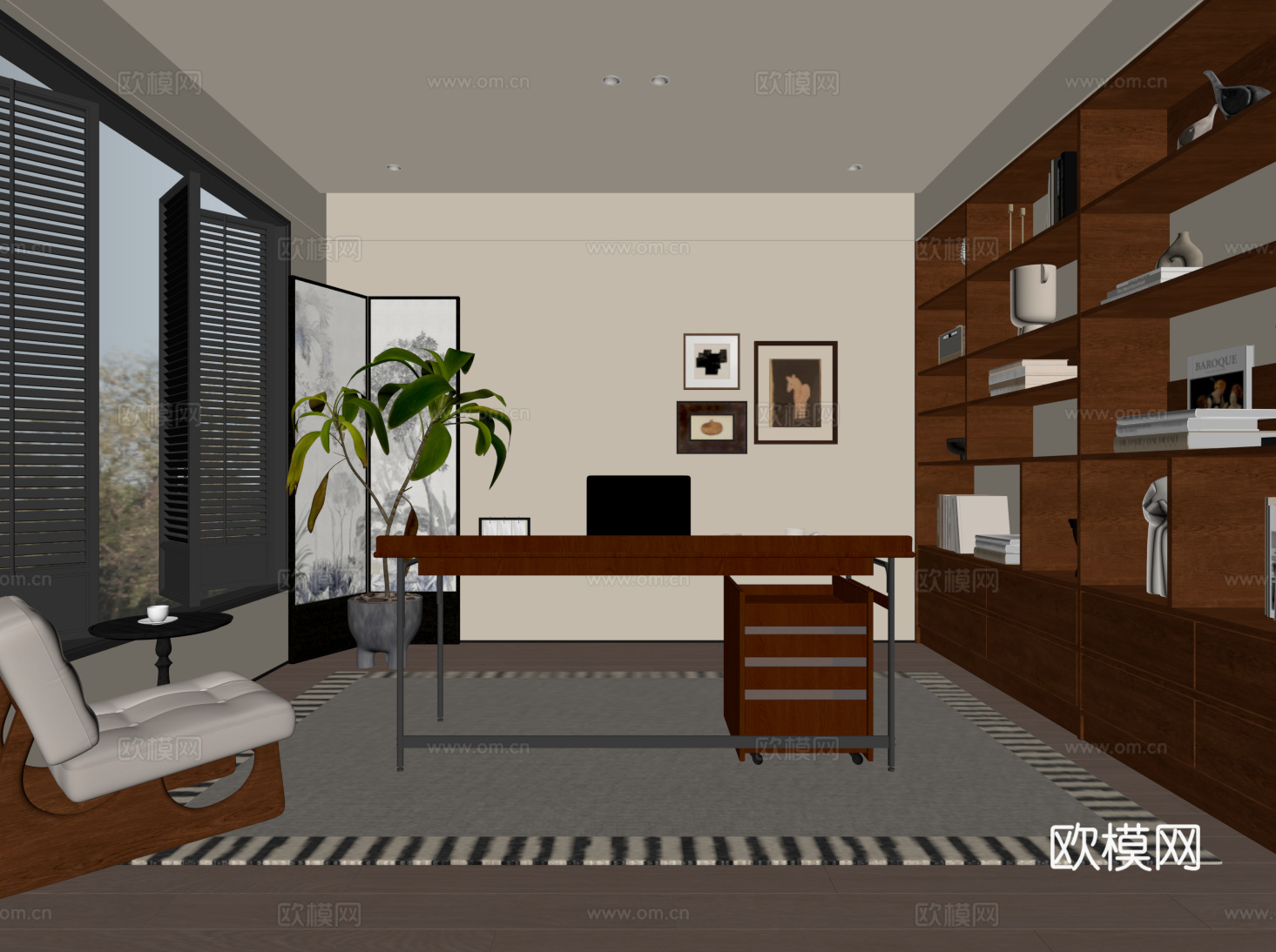 现代中古书房 书柜 书桌椅 休闲椅su模型