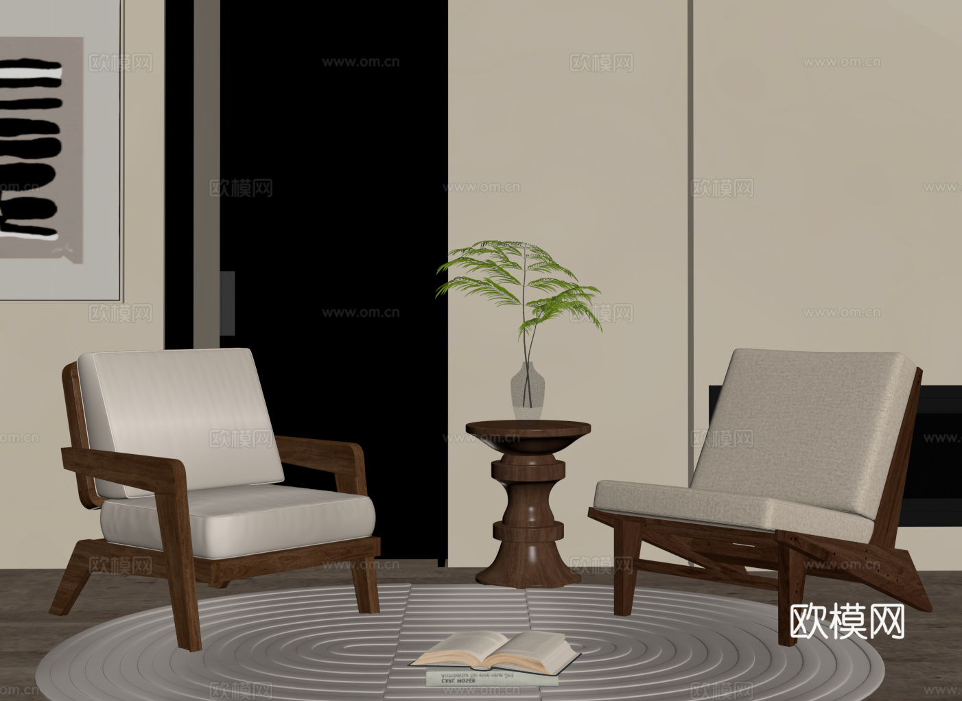 中古休闲椅 木质单人沙发 沙发椅su模型