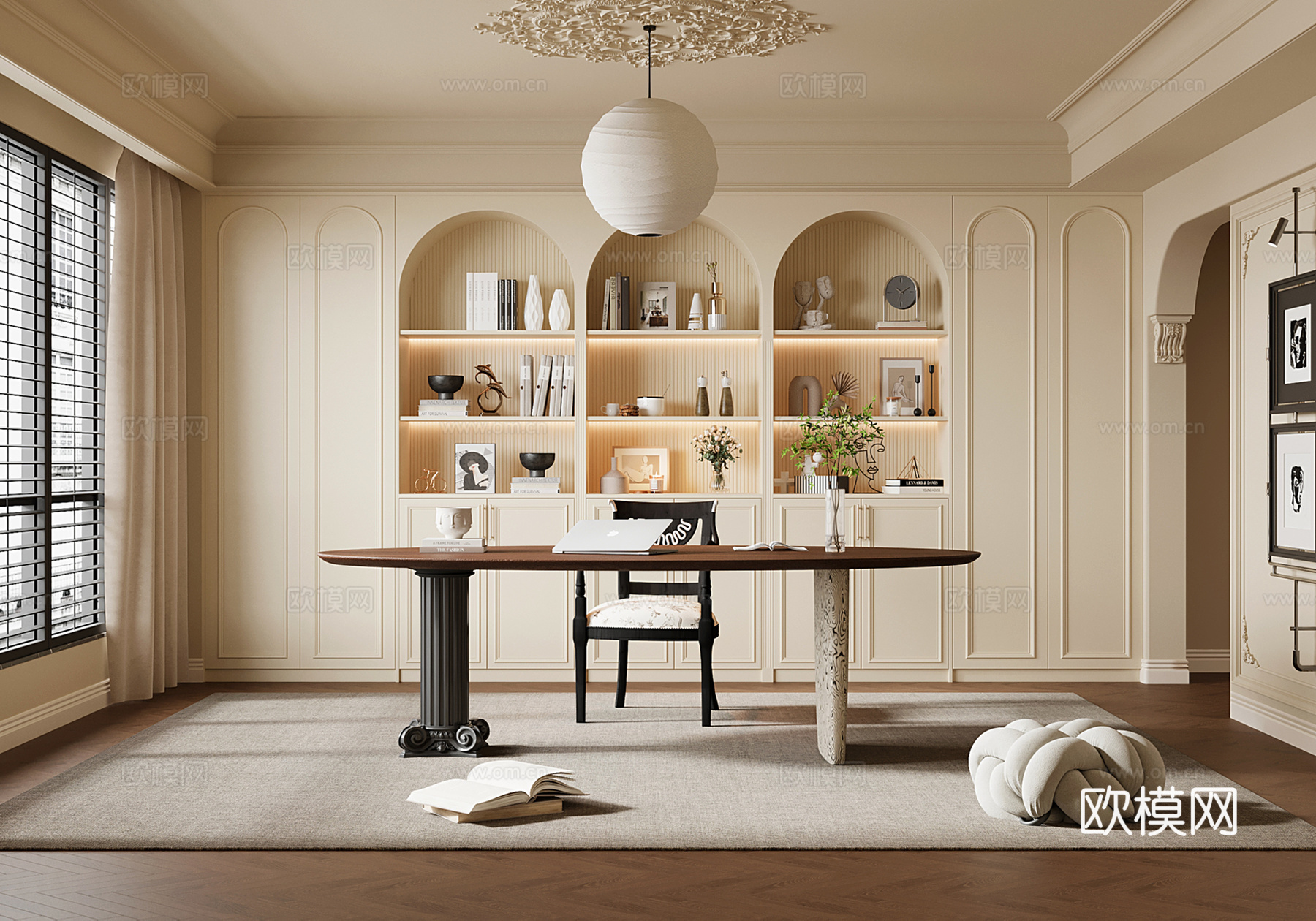 法式奶油书房 书桌椅 圆拱书柜su模型