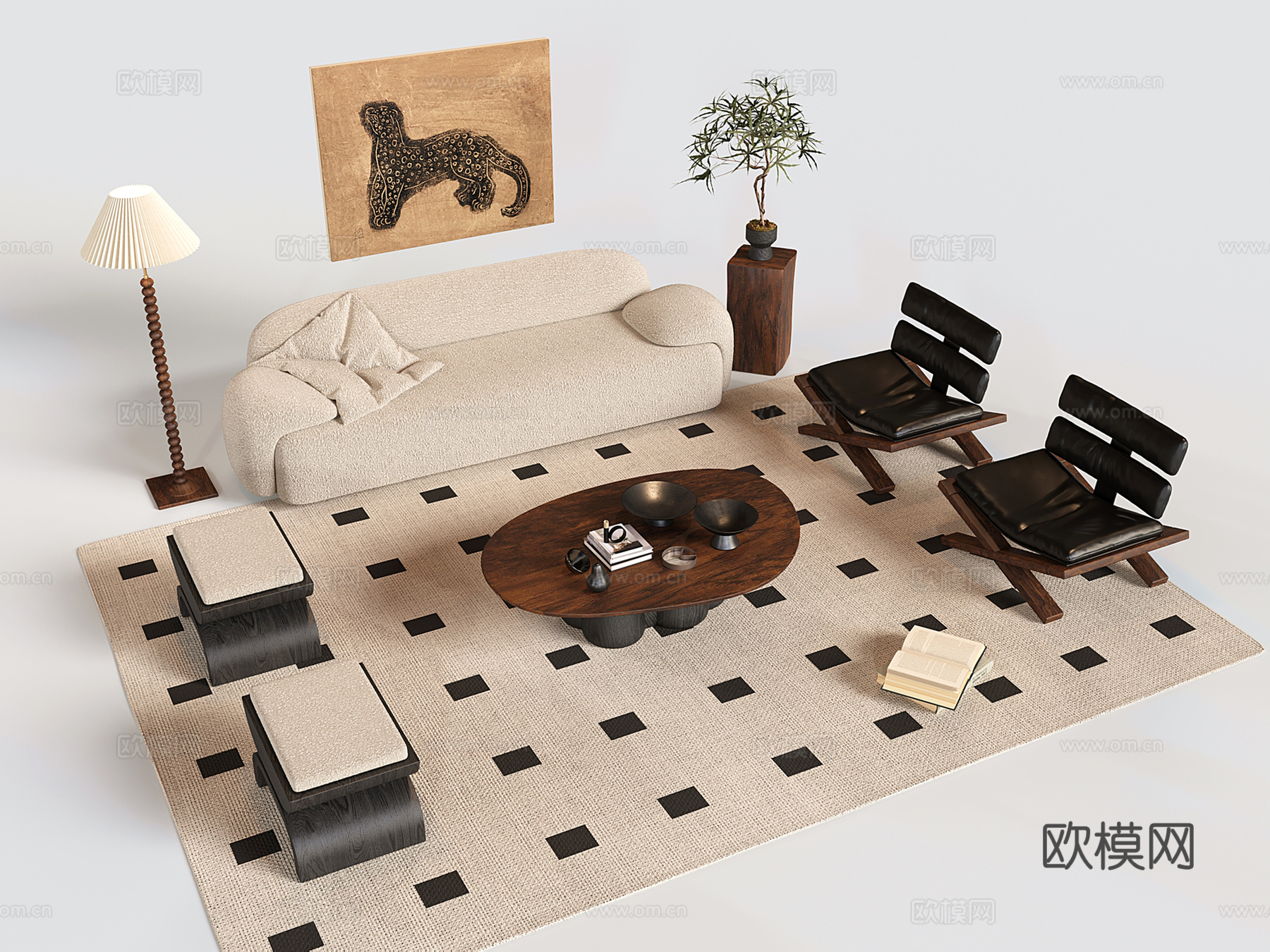 中古沙发茶几组合 三人沙发 休闲椅 凳子 茶几su模型