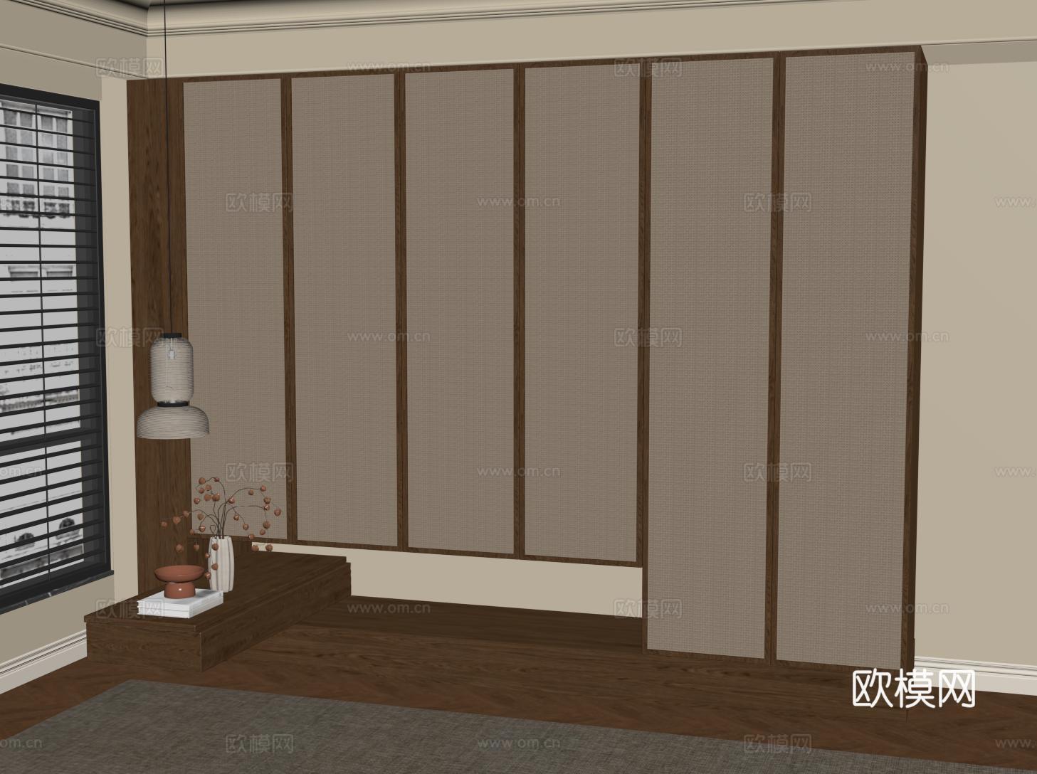 中古风藤编门衣柜su模型