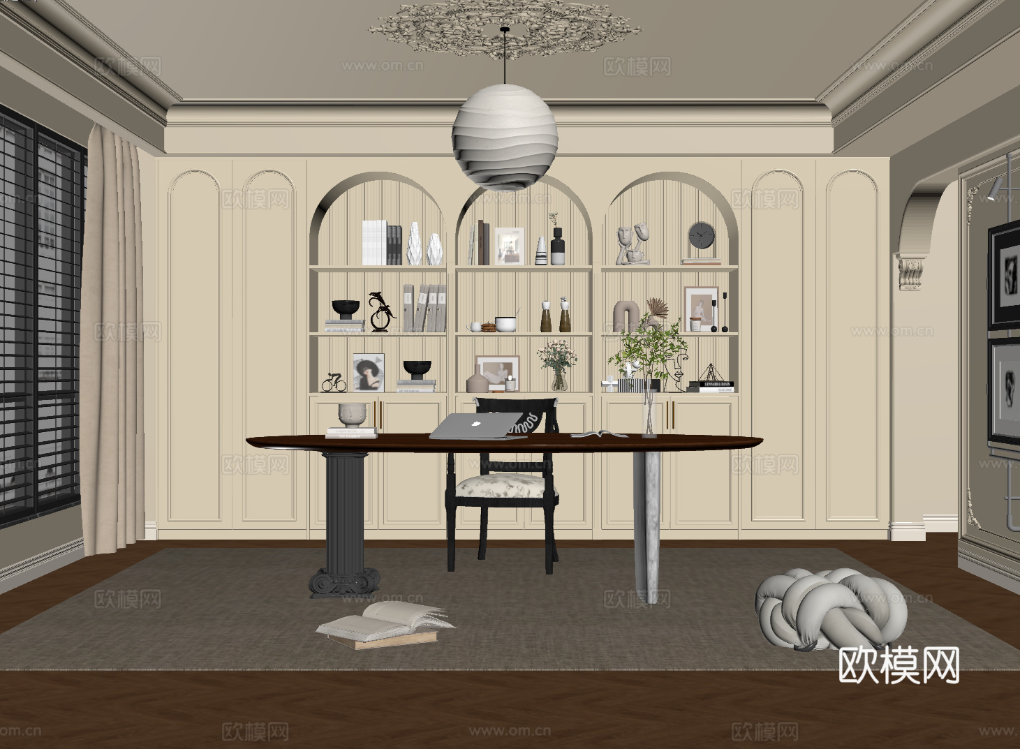 法式奶油书房 书桌椅 圆拱书柜su模型