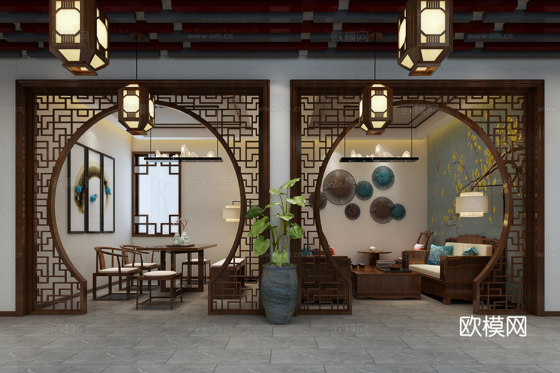 中式茶室 茶桌 沙发 茶几 装饰品 吊灯 隔断3d模型下载（渲染图1）