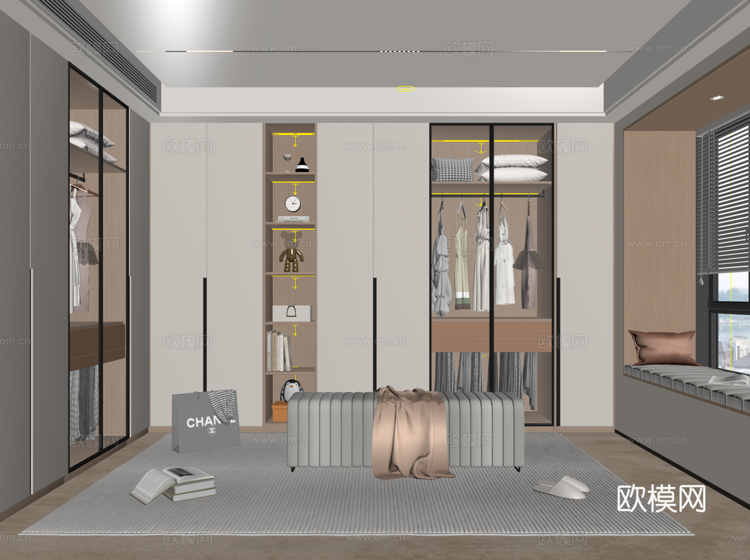 现代衣帽间 开方格 玻璃门 换鞋凳su模型