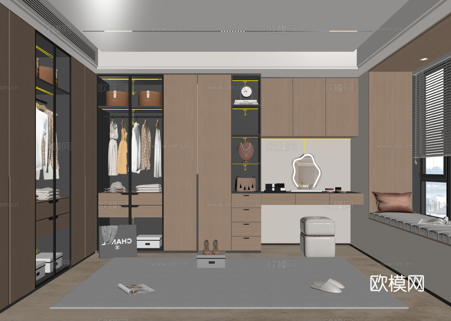 现代衣帽间 开方格 玻璃门 梳妆台衣柜一体su模型