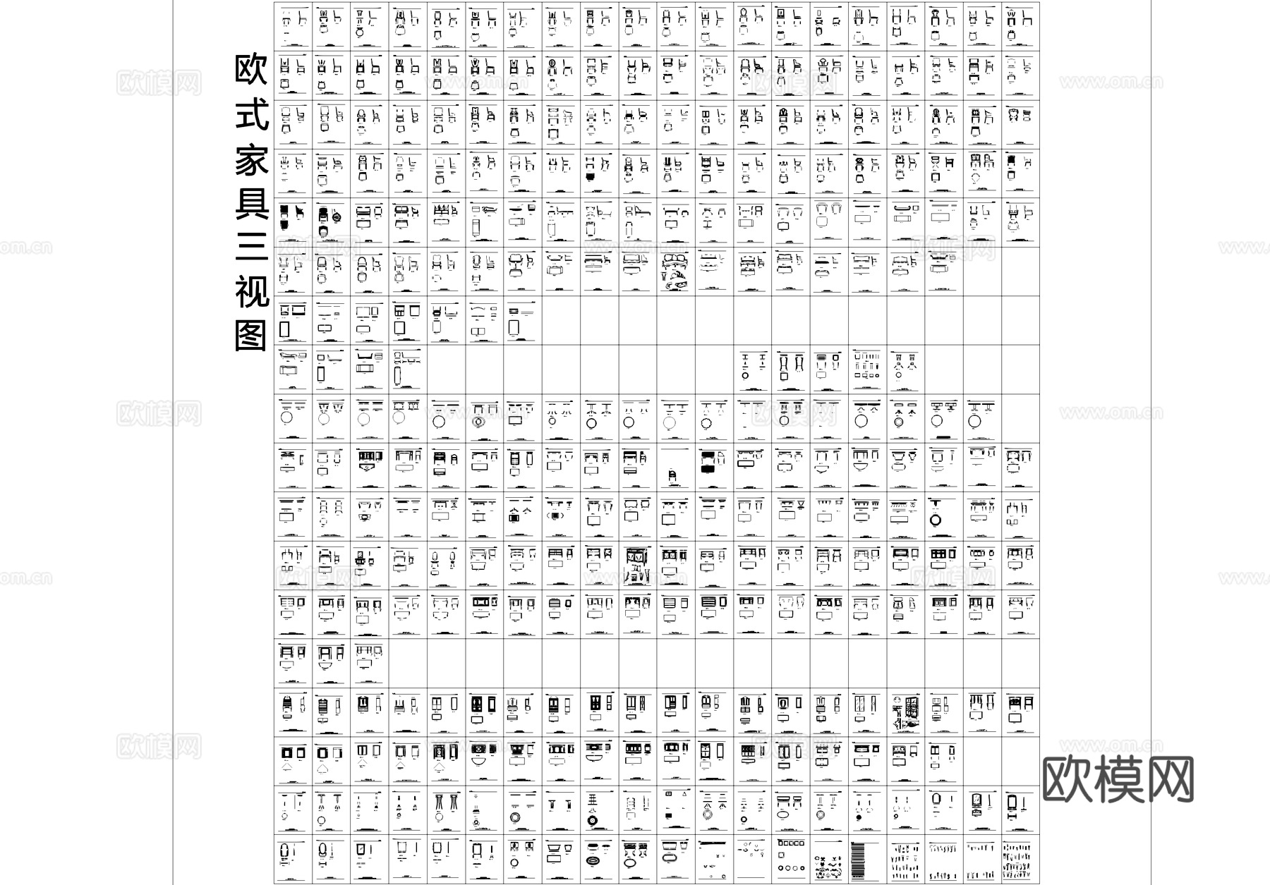 欧式家具平立面三视图CAD图库cad施工图