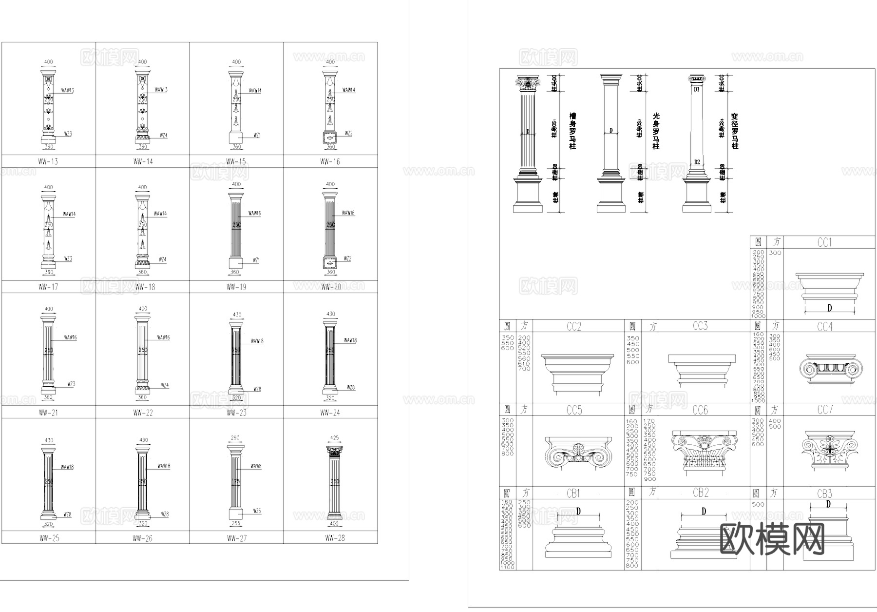 罗马柱式柱头CAD图块图库cad施工图