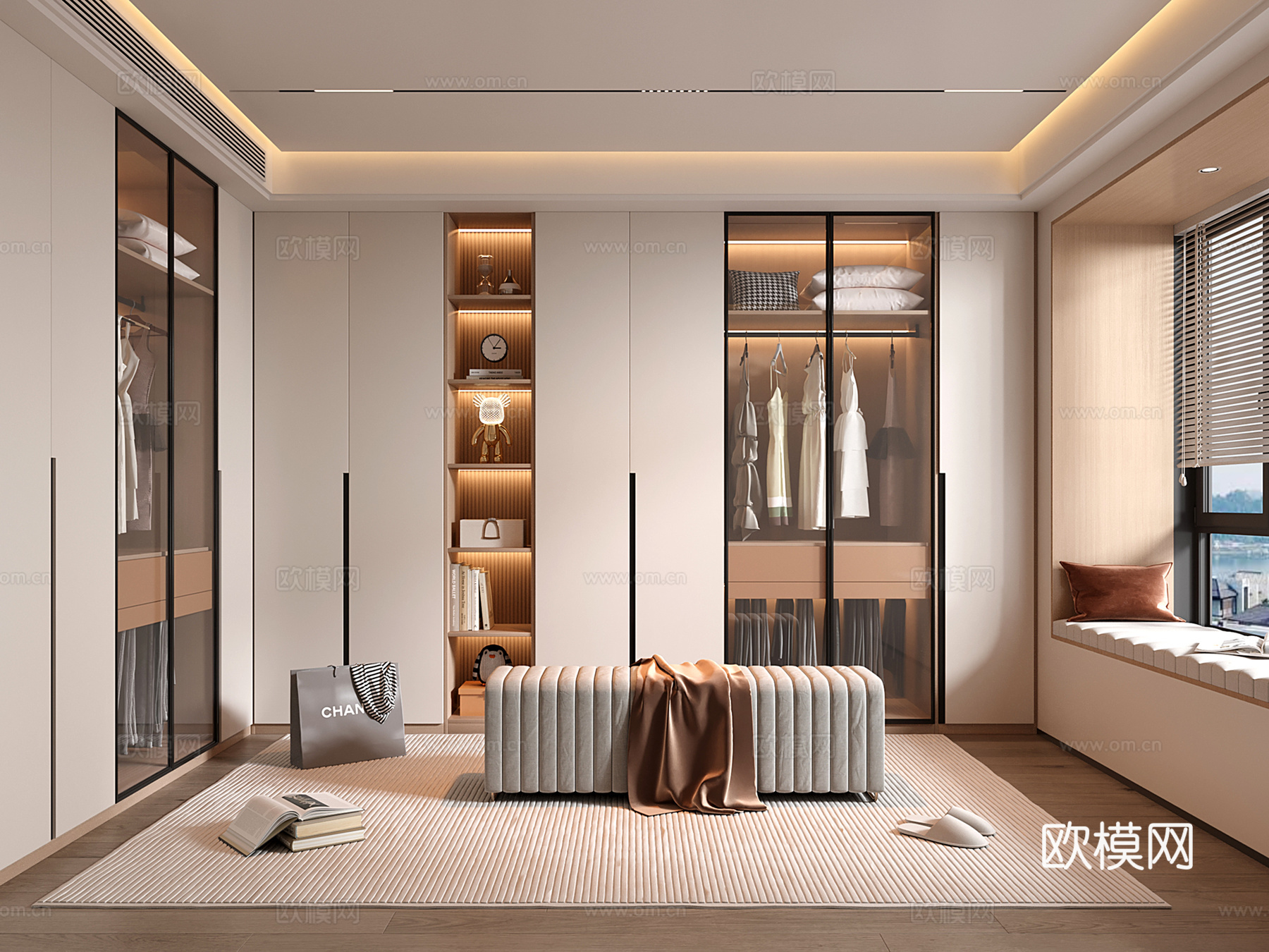 现代衣帽间 开方格 玻璃门 换鞋凳su模型