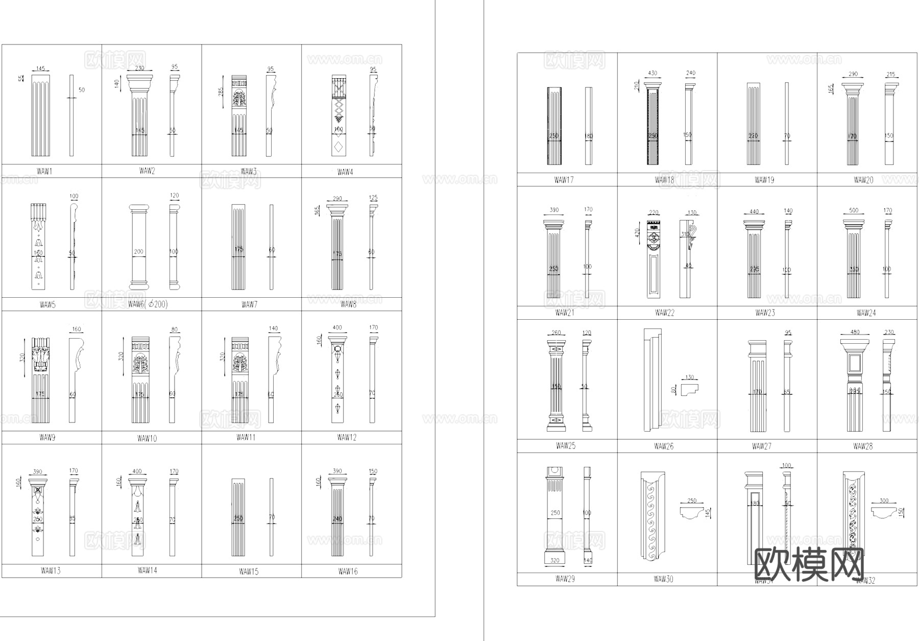 罗马柱式柱头CAD图块图库cad施工图