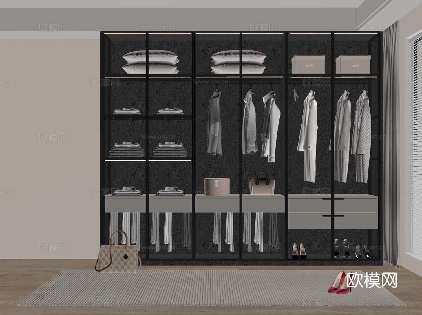 现代定制衣柜 玻璃门衣柜su模型