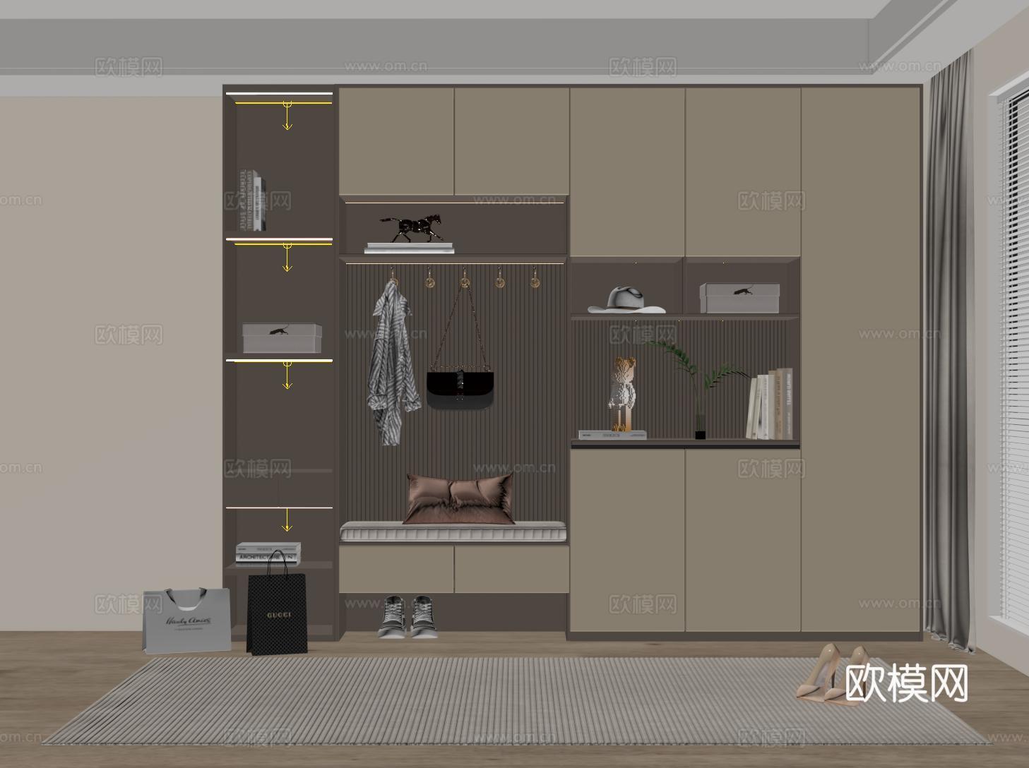 现代定制鞋柜 开方格 鞋柜换鞋凳一体su模型
