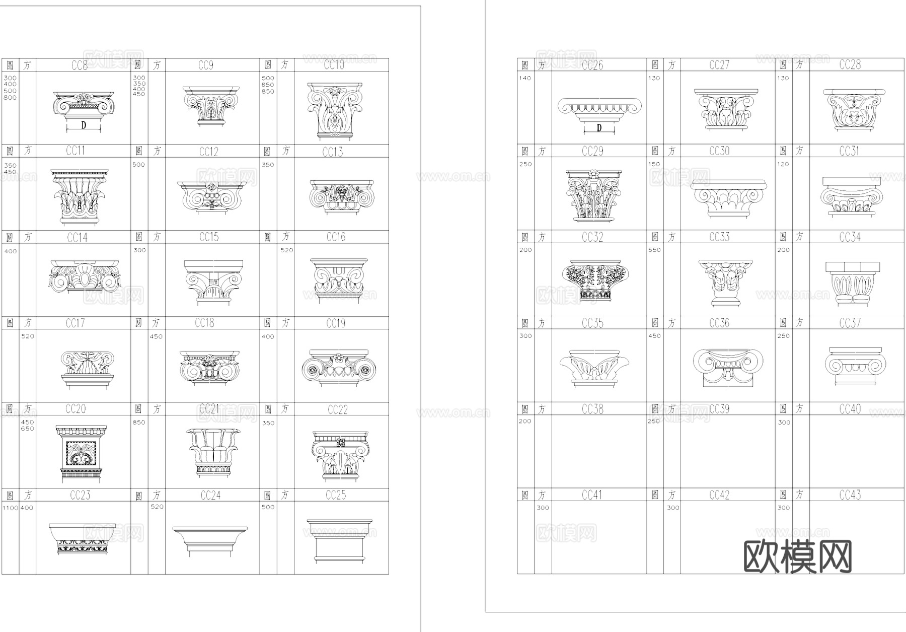 罗马柱式柱头CAD图块图库cad施工图