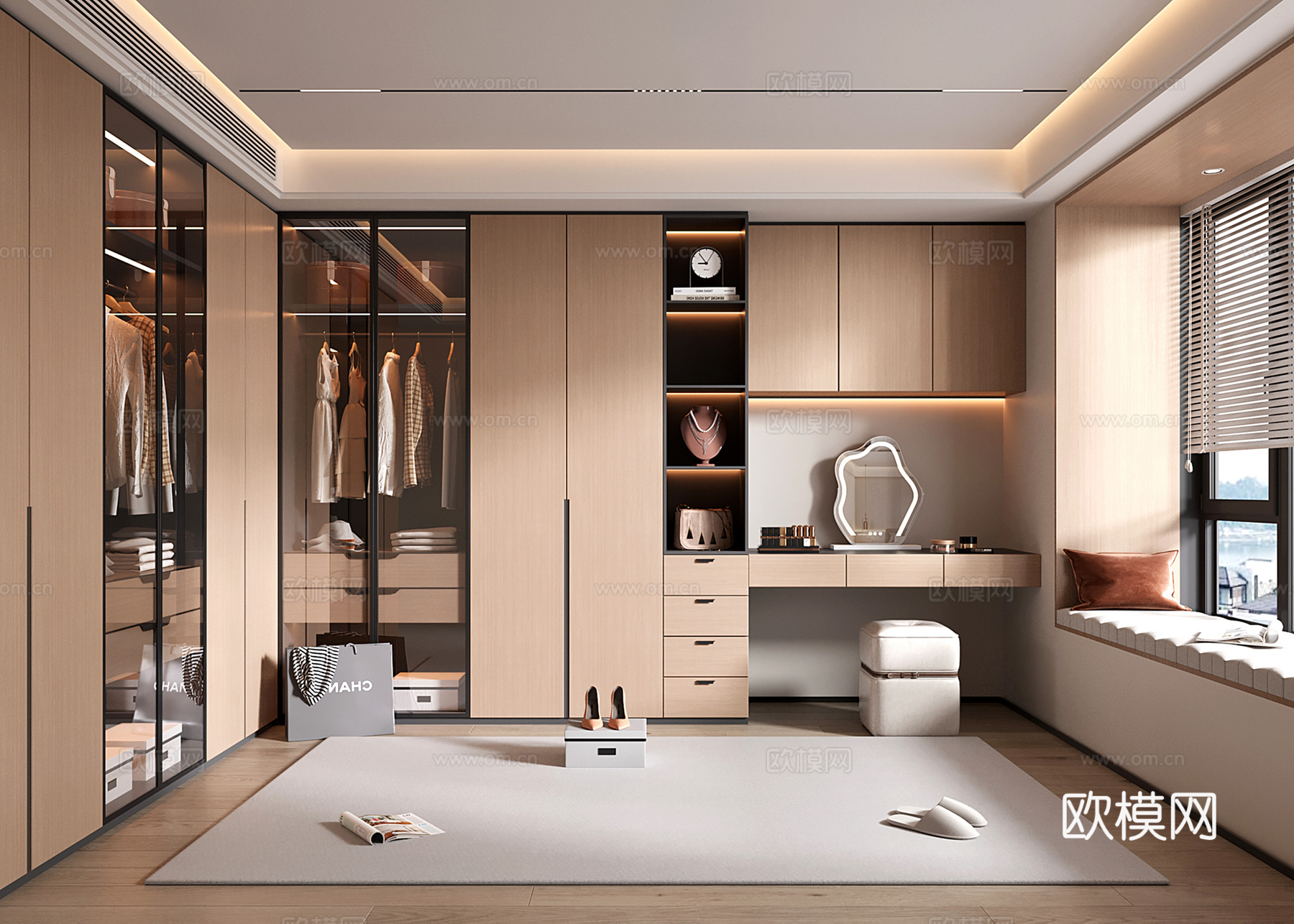 现代衣帽间 开方格 玻璃门 梳妆台衣柜一体su模型