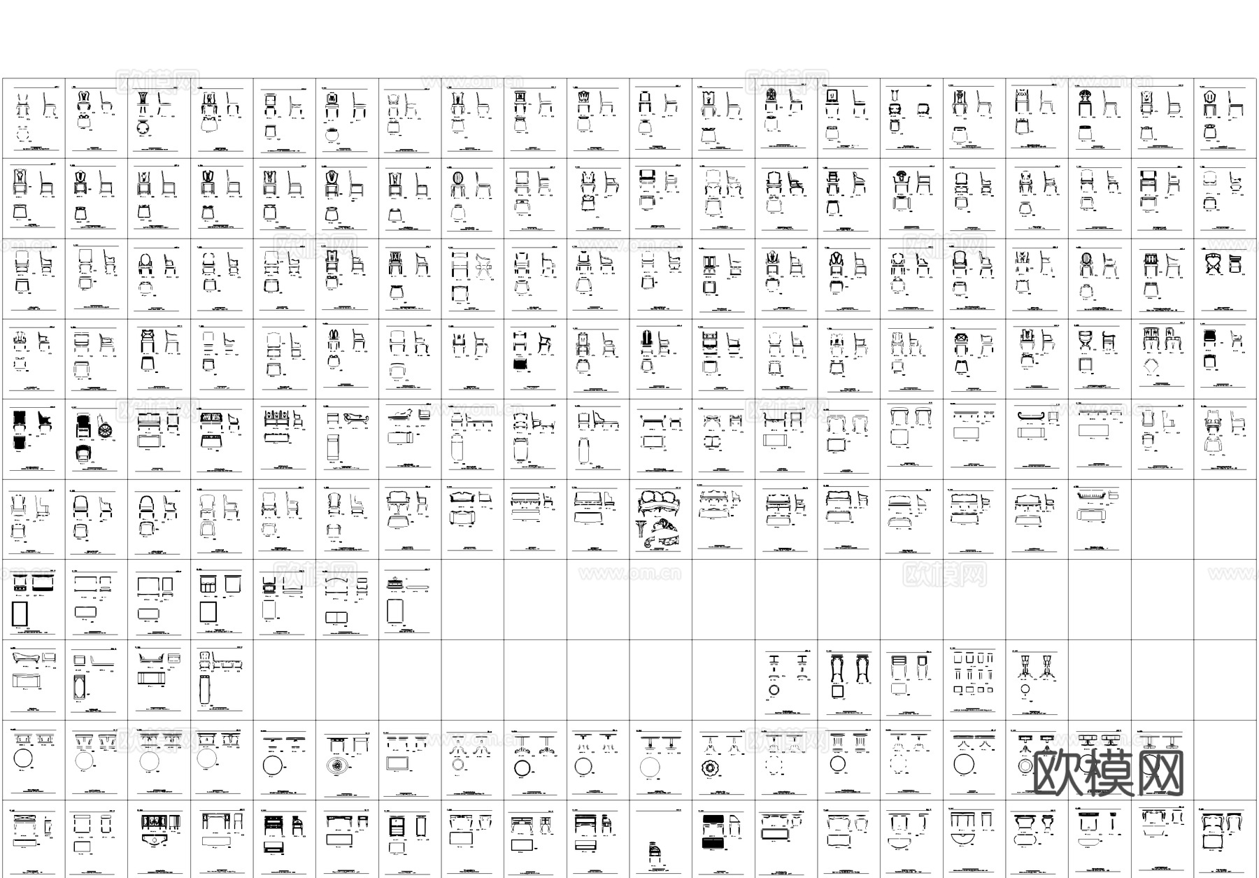欧式家具平立面三视图CAD图库cad施工图