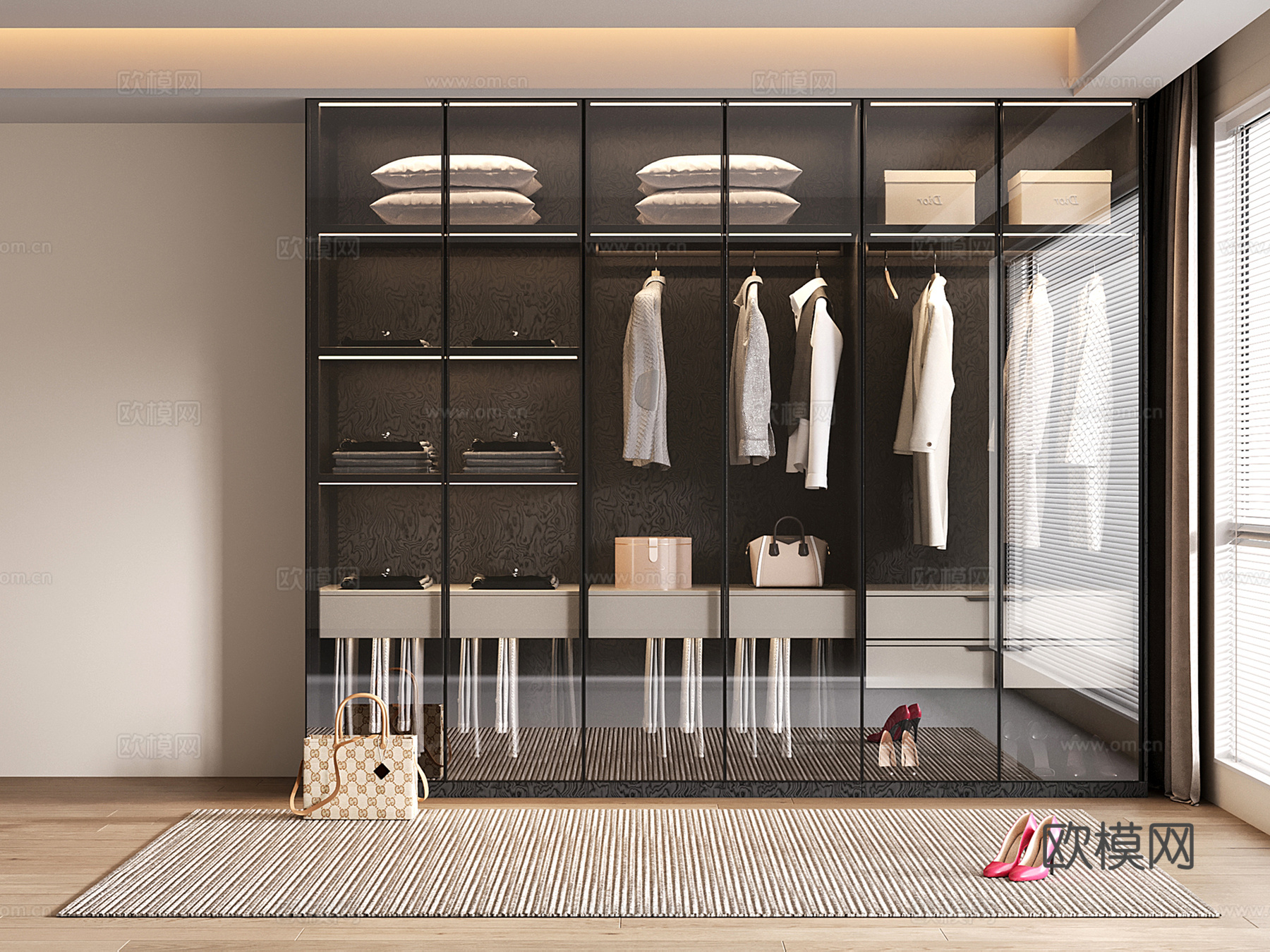 现代定制衣柜 玻璃门衣柜su模型