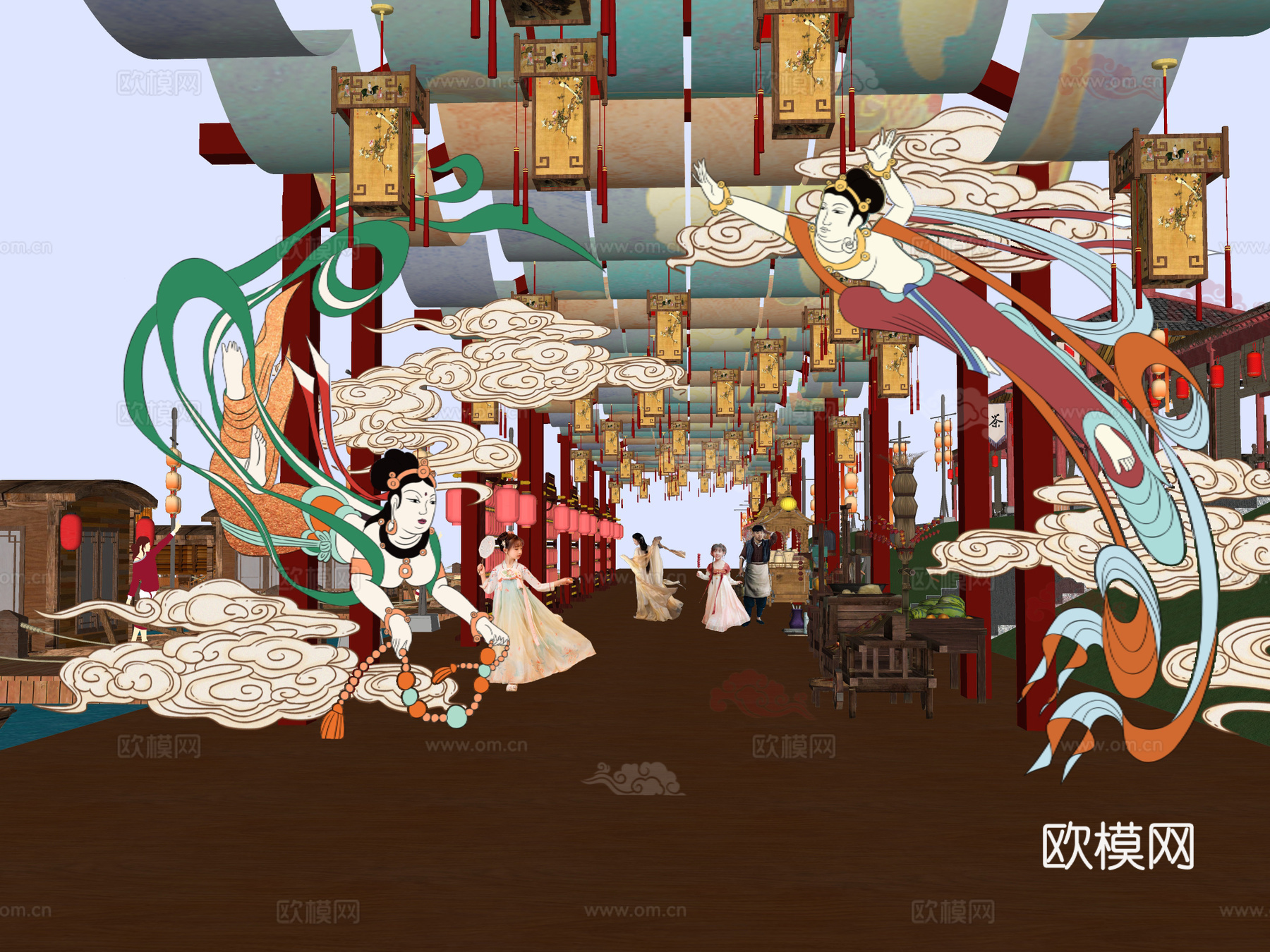 网红打卡国潮古风古镇集市su模型