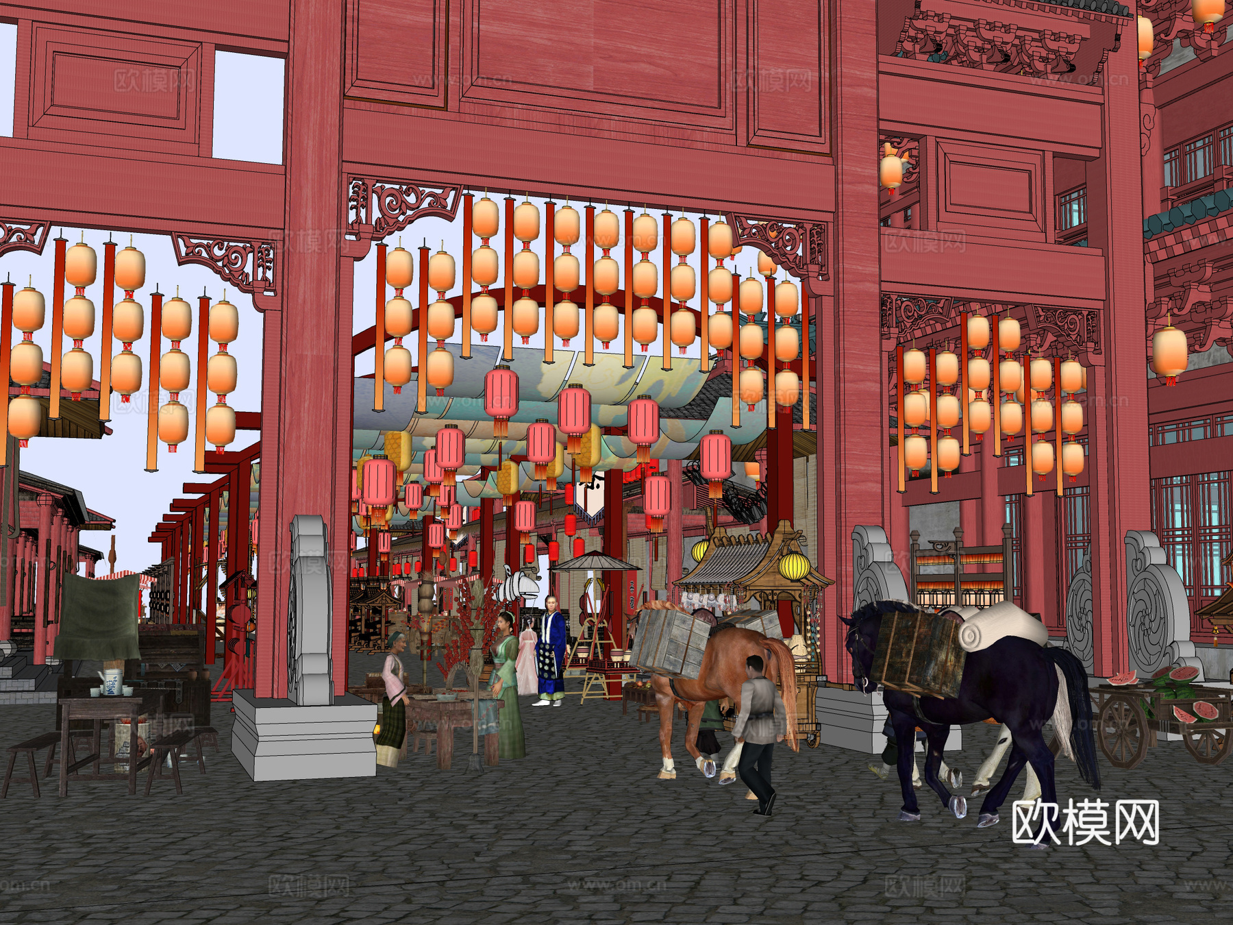 网红打卡国潮古风古镇集市su模型