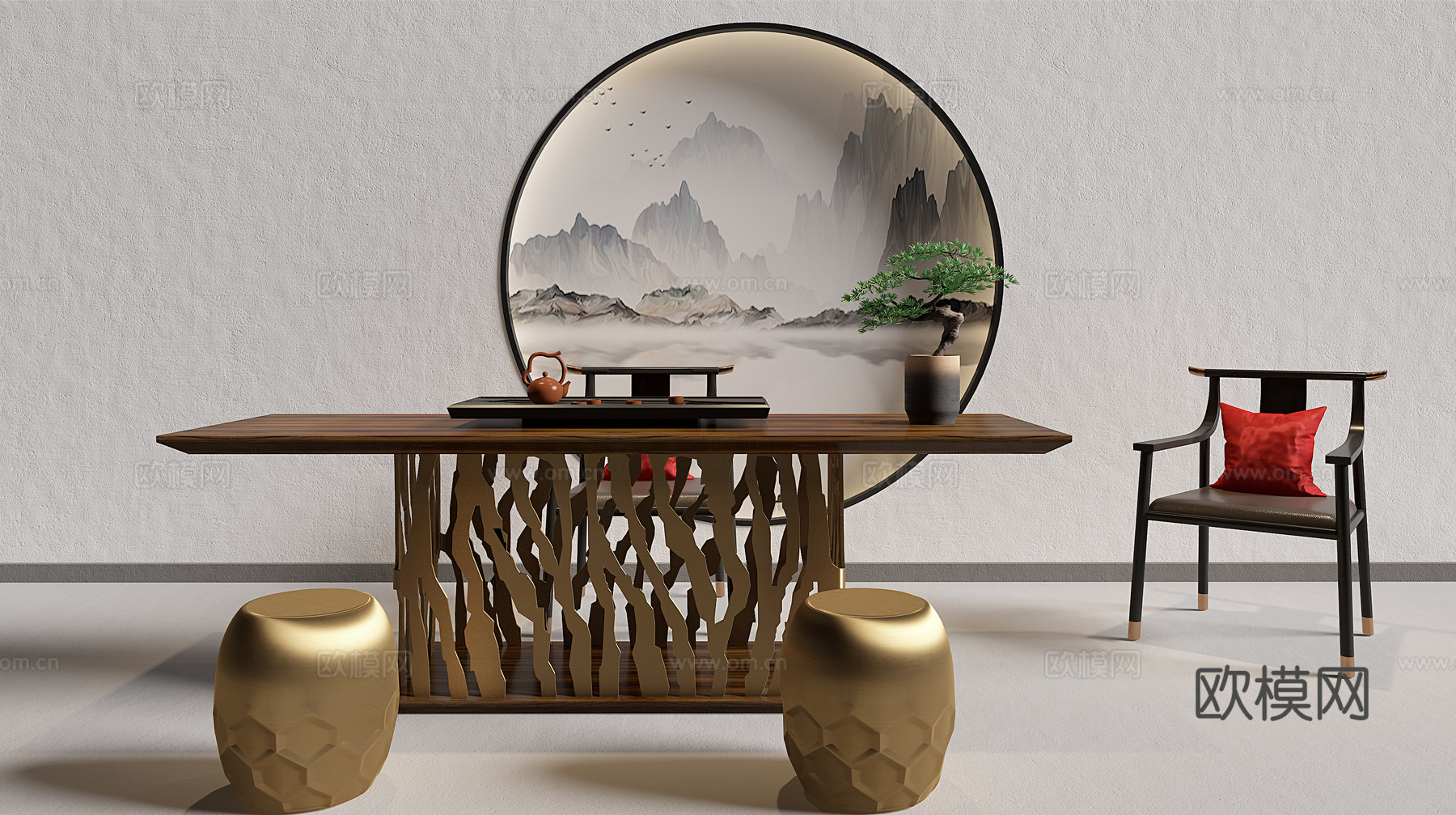 新中式轻奢茶室组合 矮凳 单椅 茶盘3d模型下载（渲染图1）