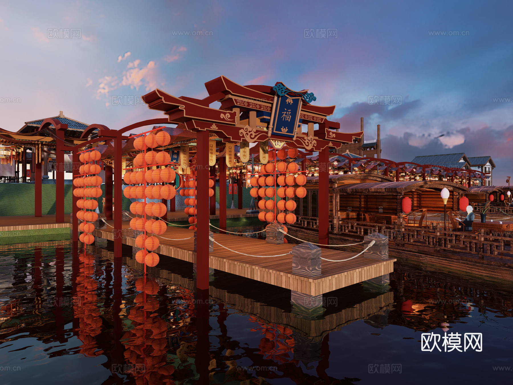 网红打卡国潮古风古镇集市su模型