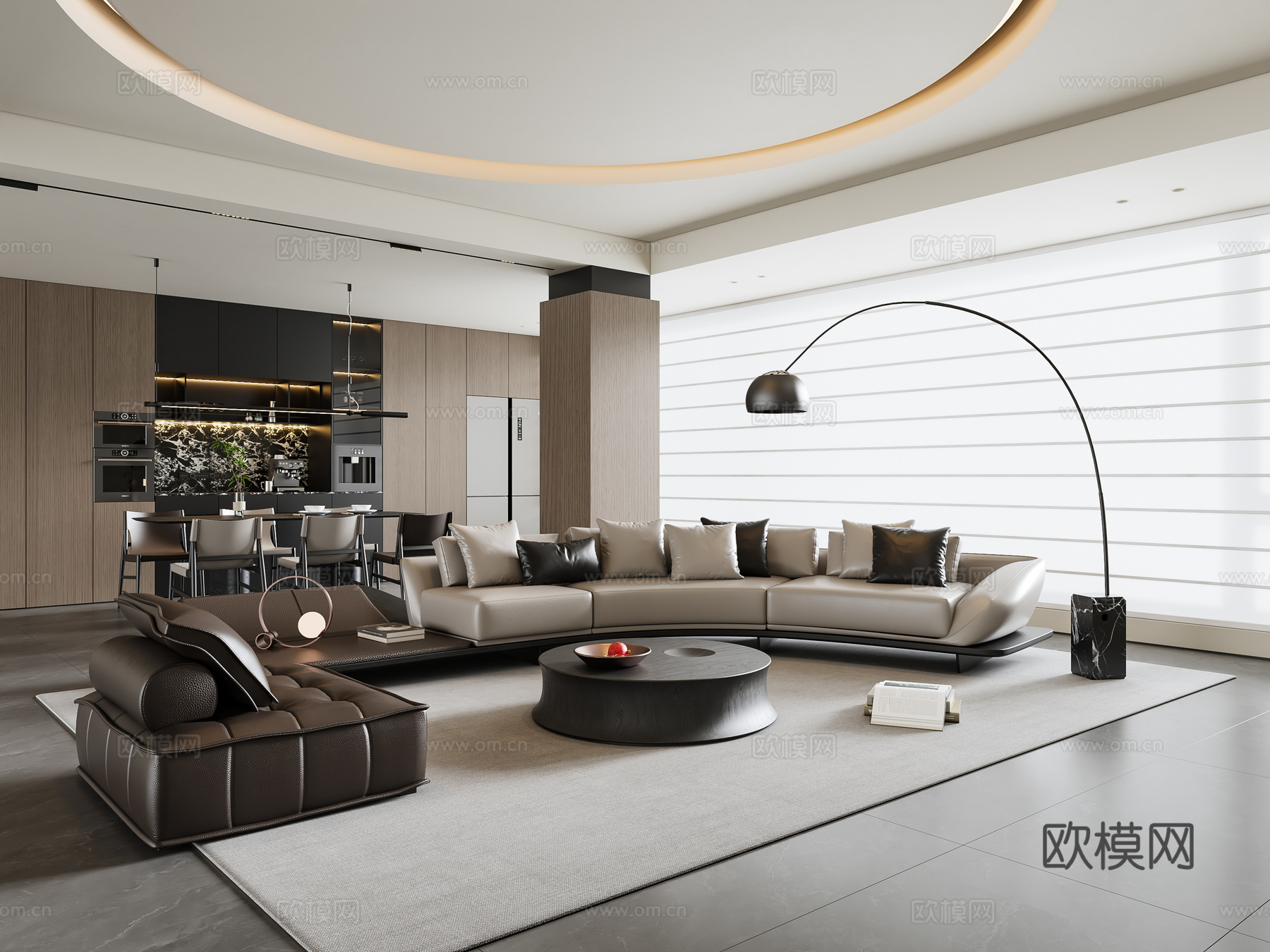 现代意式客餐厅 沙发茶几 餐桌椅 吊灯 餐边柜 酒柜su模型